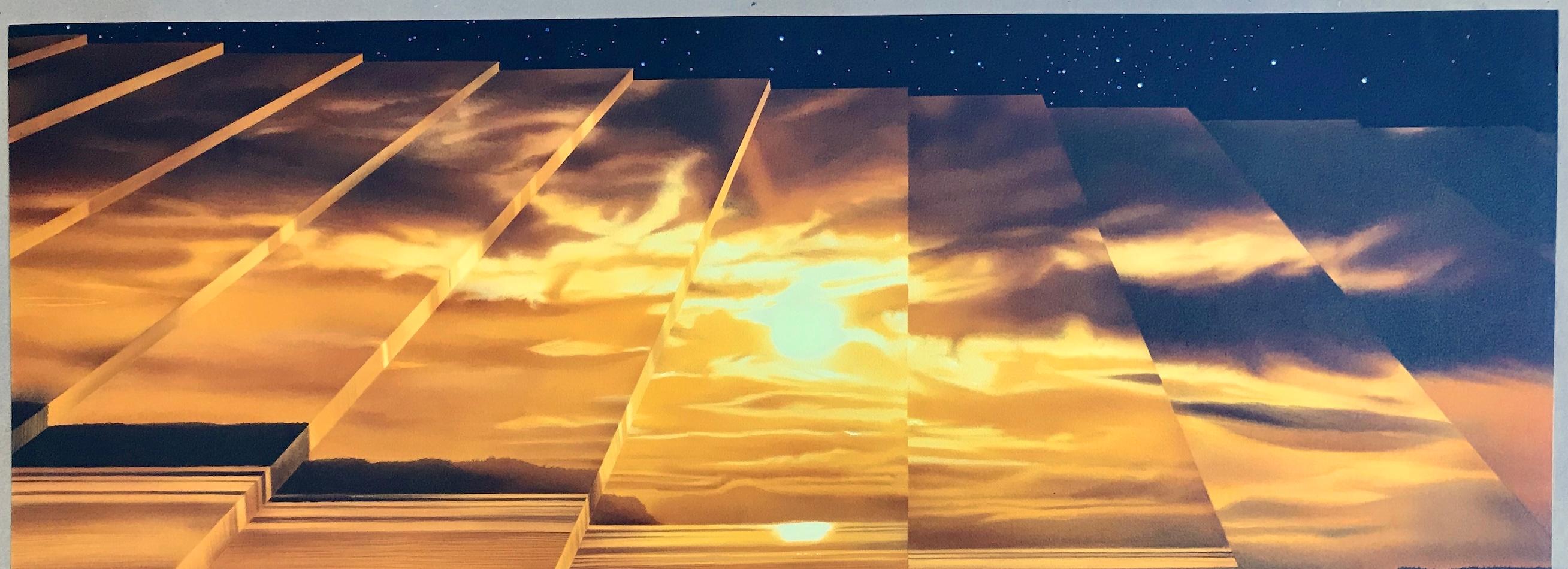 STAGGERING Litografía firmada, Paisaje surrealista al atardecer, Amarillo Naranja Marrón en venta 2