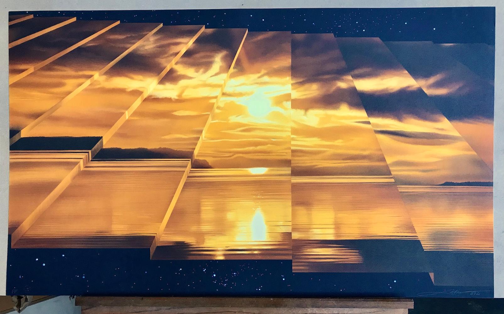 STAGGERING Litografía firmada, Paisaje surrealista al atardecer, Amarillo Naranja Marrón en venta 4