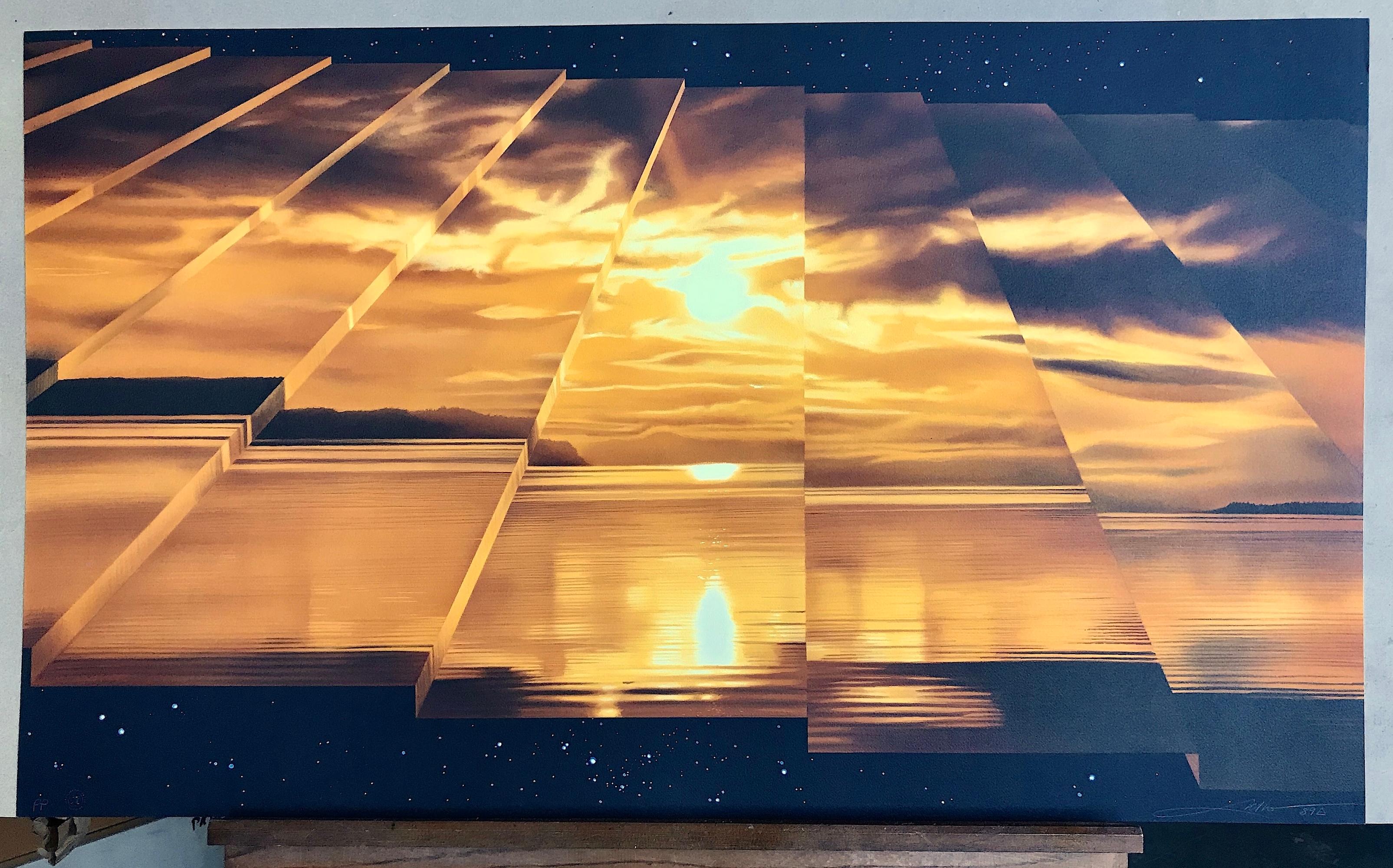 STAGGERING Signierte Lithographie, Surreale Sonnenuntergangslandschaft, Gelb-Orange-Braun im Angebot 4