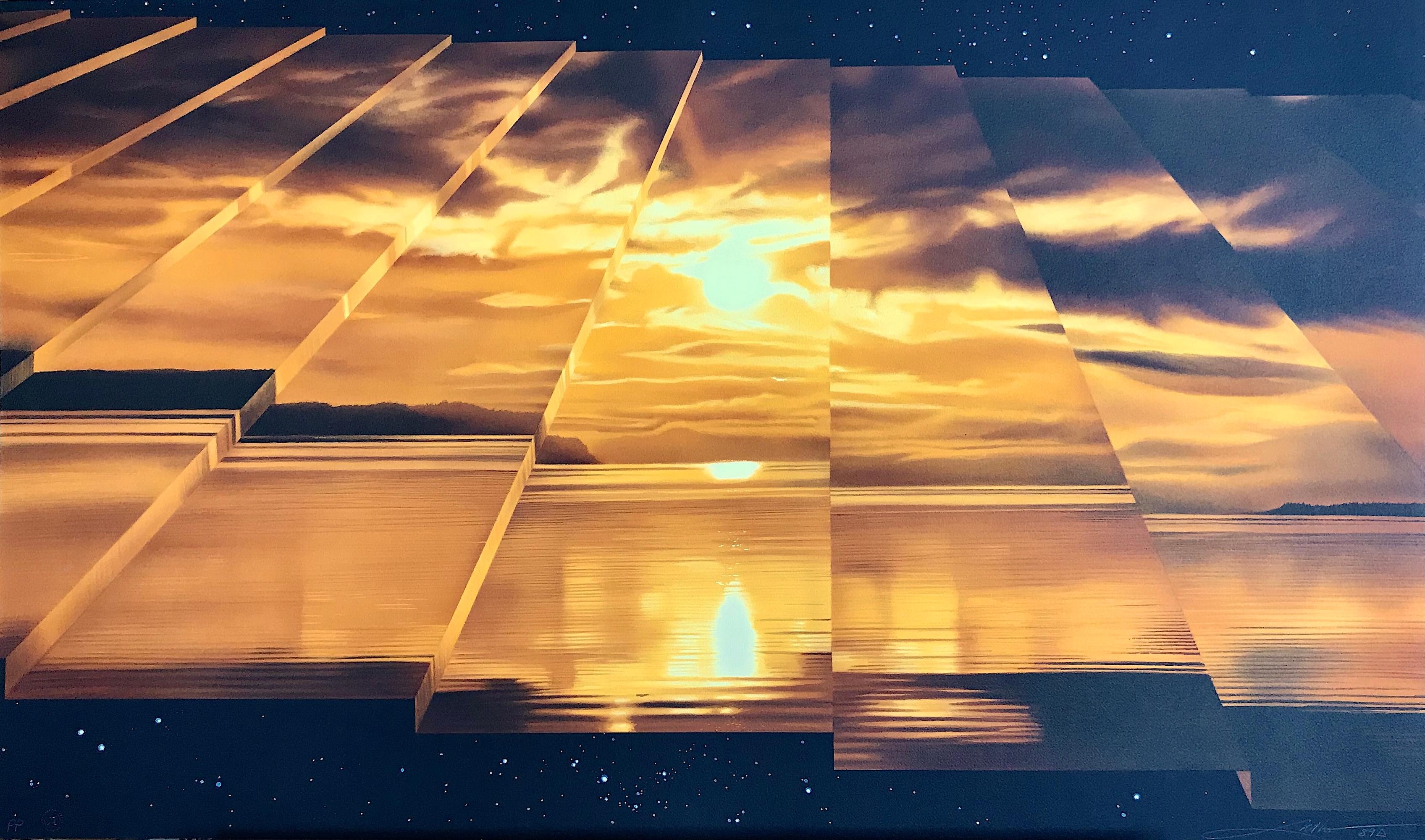STAGGERING Lithographie signée, Paysage surréaliste au coucher du soleil, Jaune Orange Brown