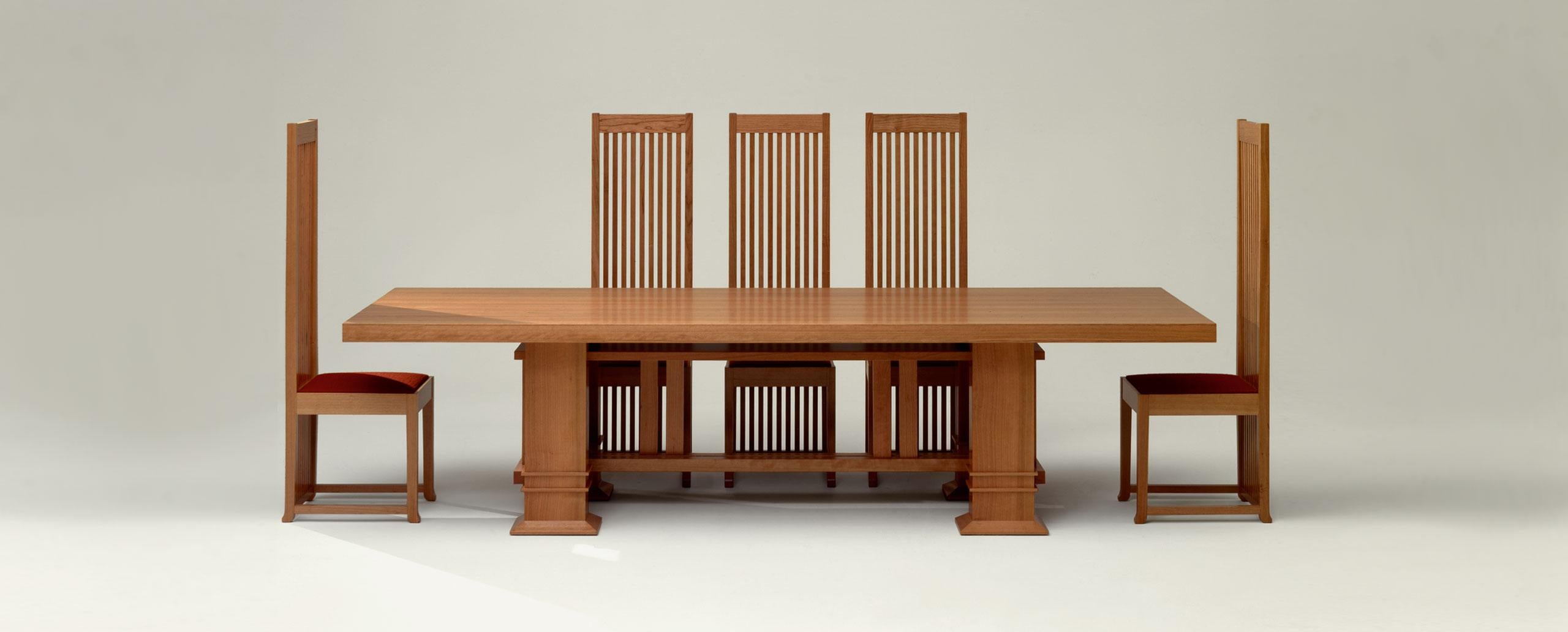 Chair designed by Frank Lloyd Wrigh in 1908, relaunched in 1986.
Manufactured by Cassina in Italy.

The rigorous design of this chair is a perfect exemplar of Frank Lloyd Wright’s design ethos. This can be seen in the tall backs and the strong