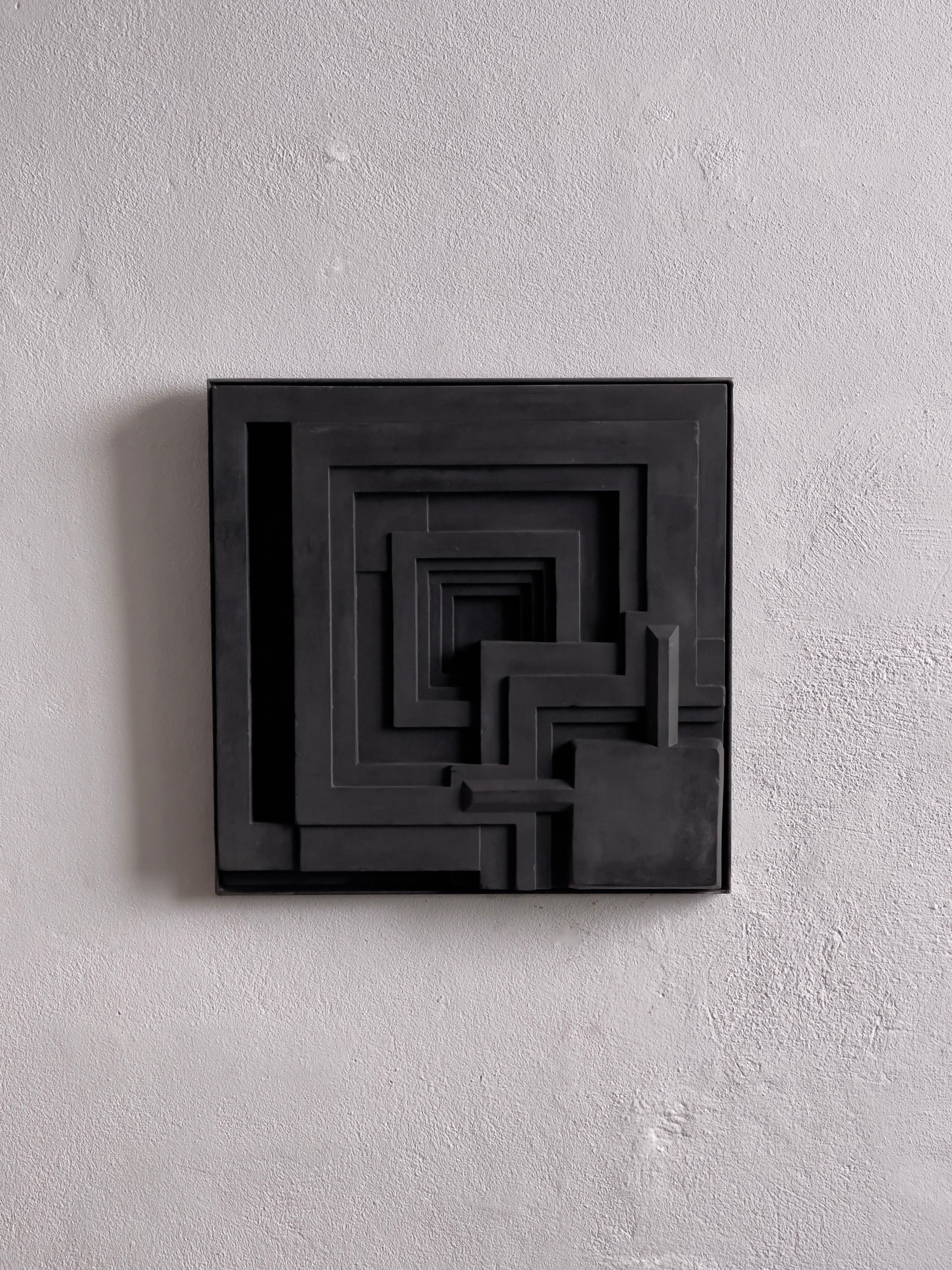 Danish Frank Lloyd Wright 1970 Relief in Solid Cast Dark Grey Concrete and Metal Frame For Sale