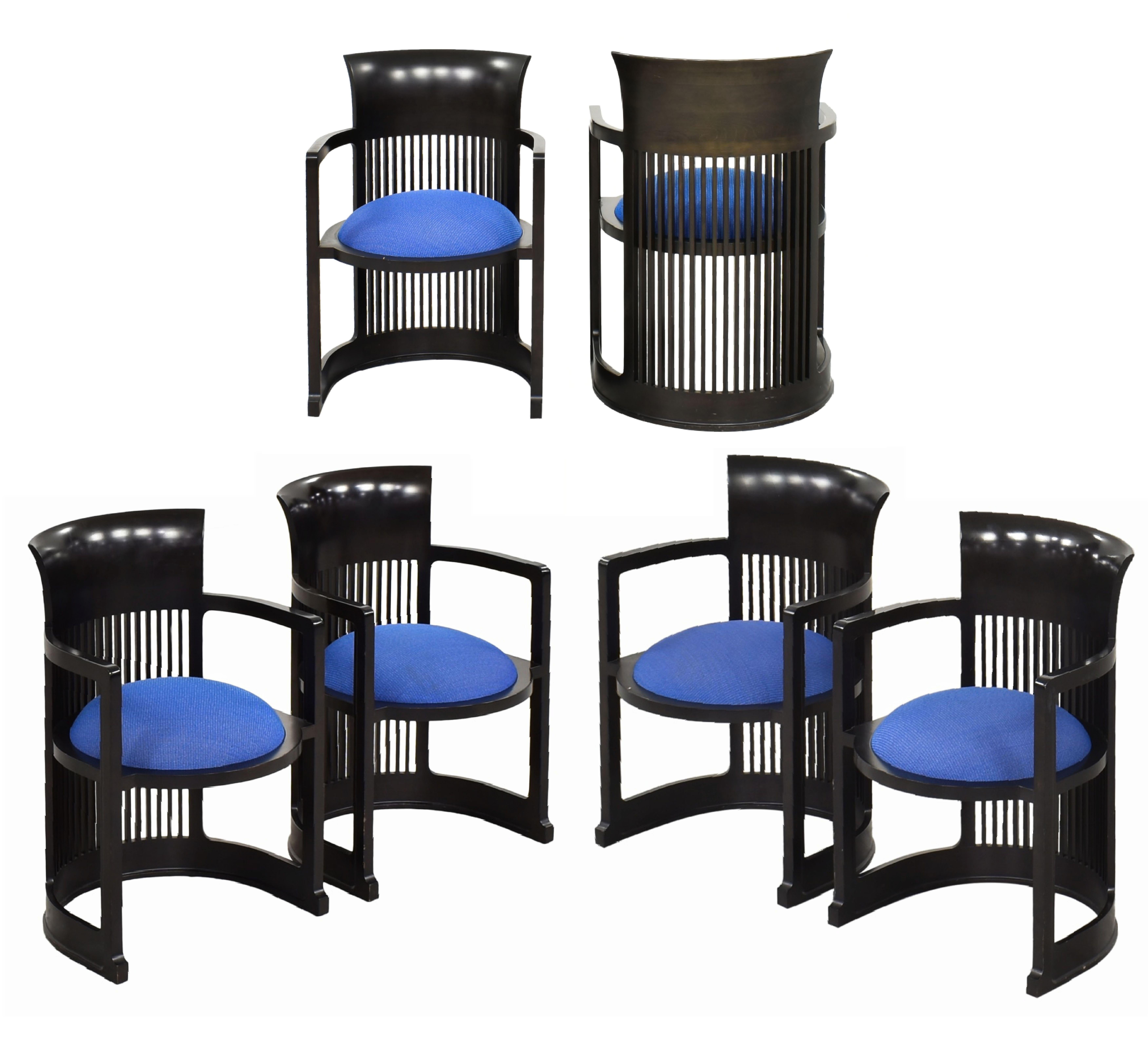 Frank Lloyd Wright 606 Taliesin Barrel Chairs Ebonized, Cassina, Set of 6, Italy.

 A timeless design informed by exceptional constructive complexity, the iconic Barrel chair was created in 1937 by Frank Lloyd Wright, based on an original design
