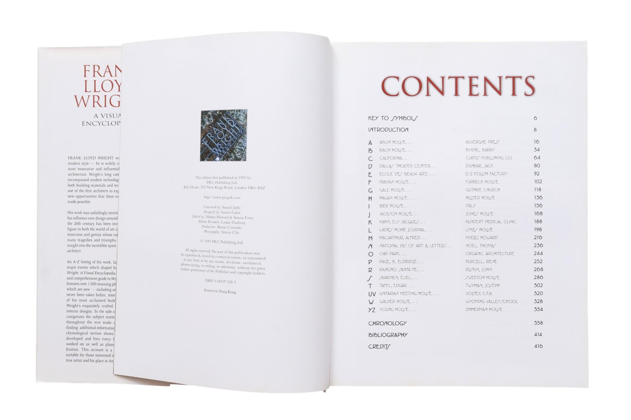 Frank Lloyd Wright - Un'enciclopedia visiva di Iain Thomson. Libro con copertina rigida e sovracopertina, pubblicato nel 1999 da PRC Publishing Ltd di Londra. Stampato a Hong Kong. Illustrato, 416 pagine.