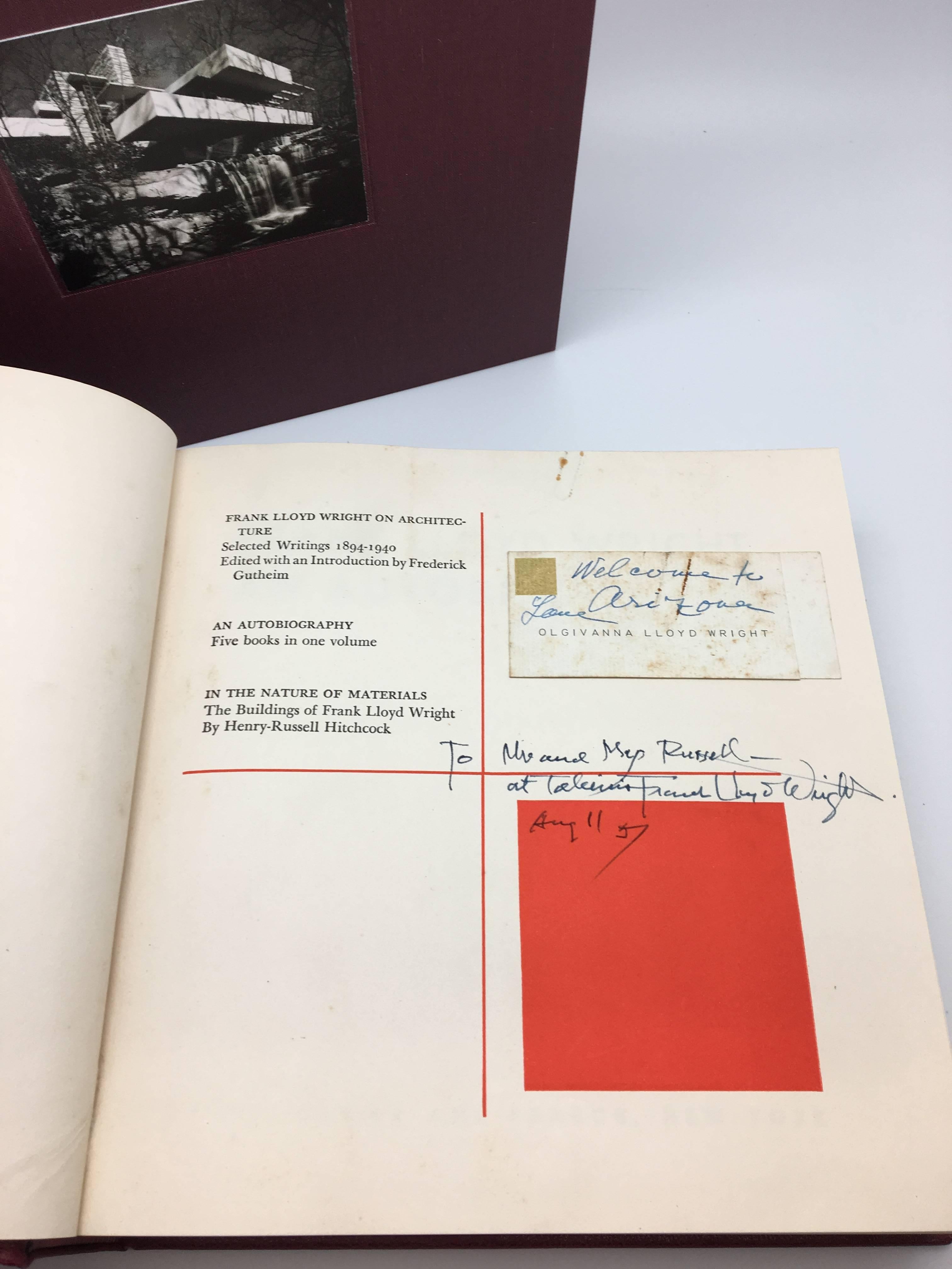 Stunning inscribed and signed copy of Frank Lloyd Wright's Autobiography presented as five books in one volume. Additionally, this omnibus volume includes Frank Lloyd on Architecture, Selected Writings 1894-1940. 

This amazing tome is inscribed