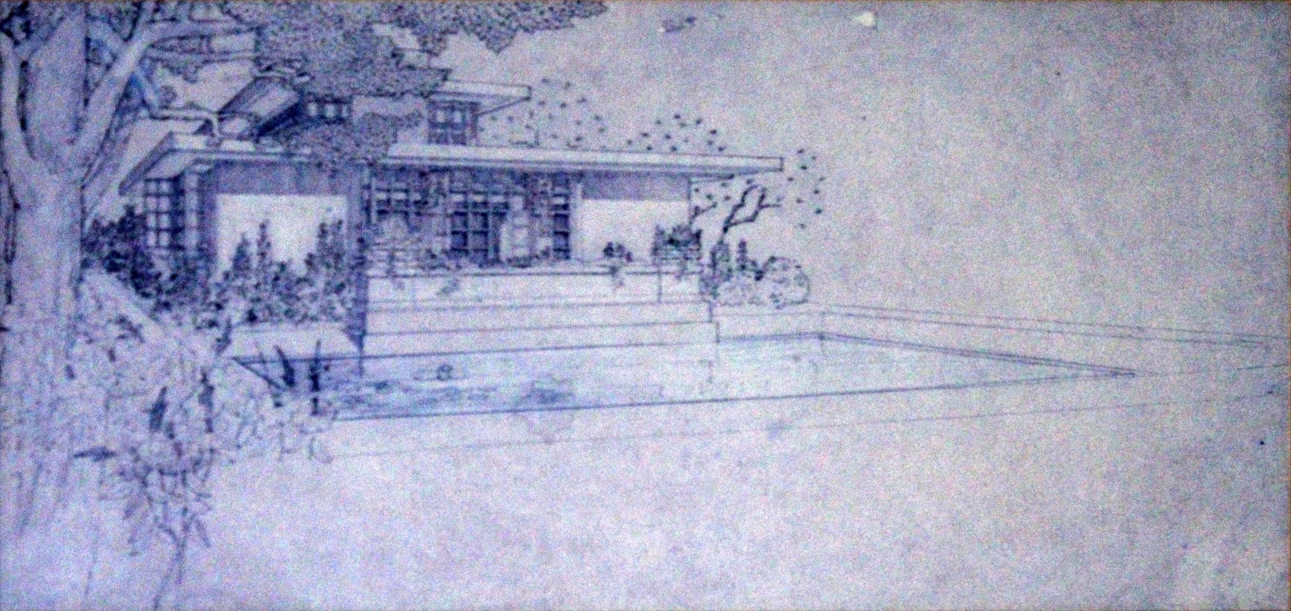 A unique collector’s item for architects, designers, or fans of Frank Lloyd Wright – an architectural drawing depicting the project Richard Bock Studio and Re1715ce, Maywood, Illinois, 1906. Dimensions: 16h x 24.25w (framed). In very good vintage