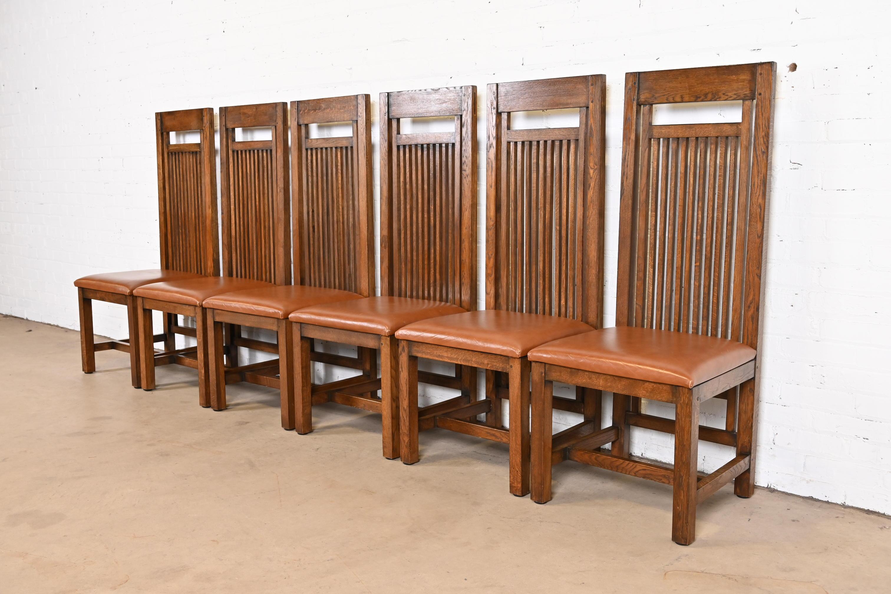 Frank Lloyd Wright Arts & Crafts Oak and Leather High Back Dining Chairs 1