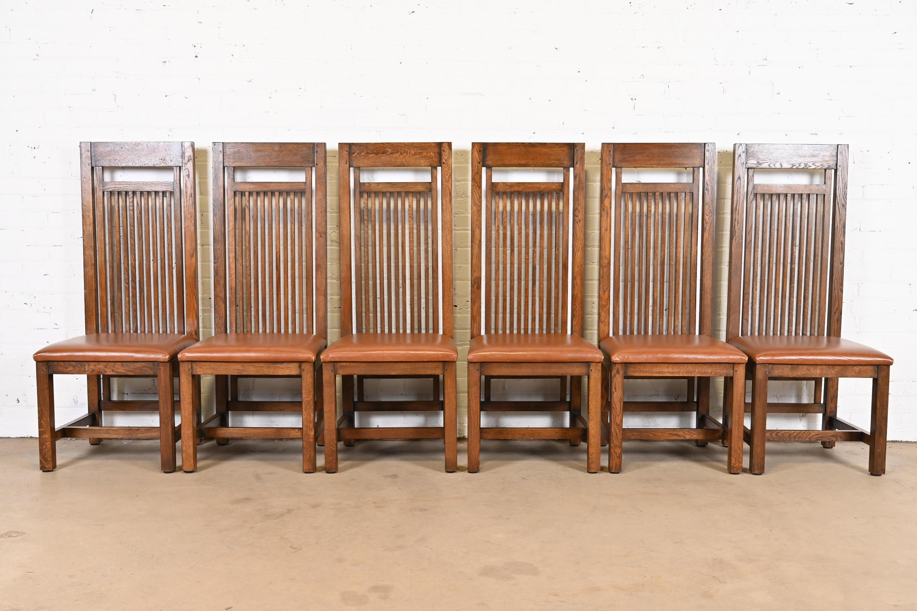 Frank Lloyd Wright Arts & Crafts Oak and Leather High Back Dining Chairs 2