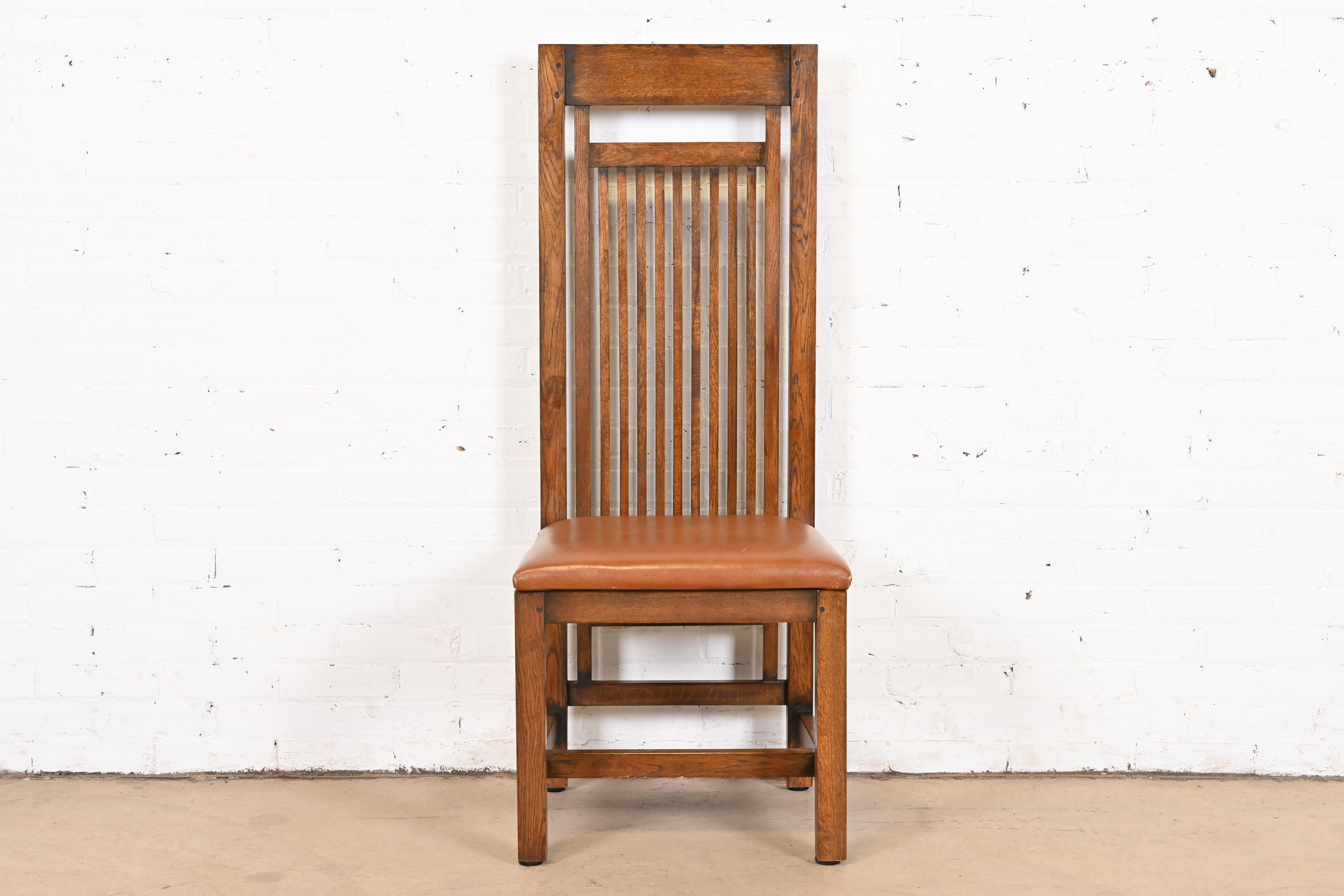 Frank Lloyd Wright Arts & Crafts Oak and Leather High Back Dining Chairs 4