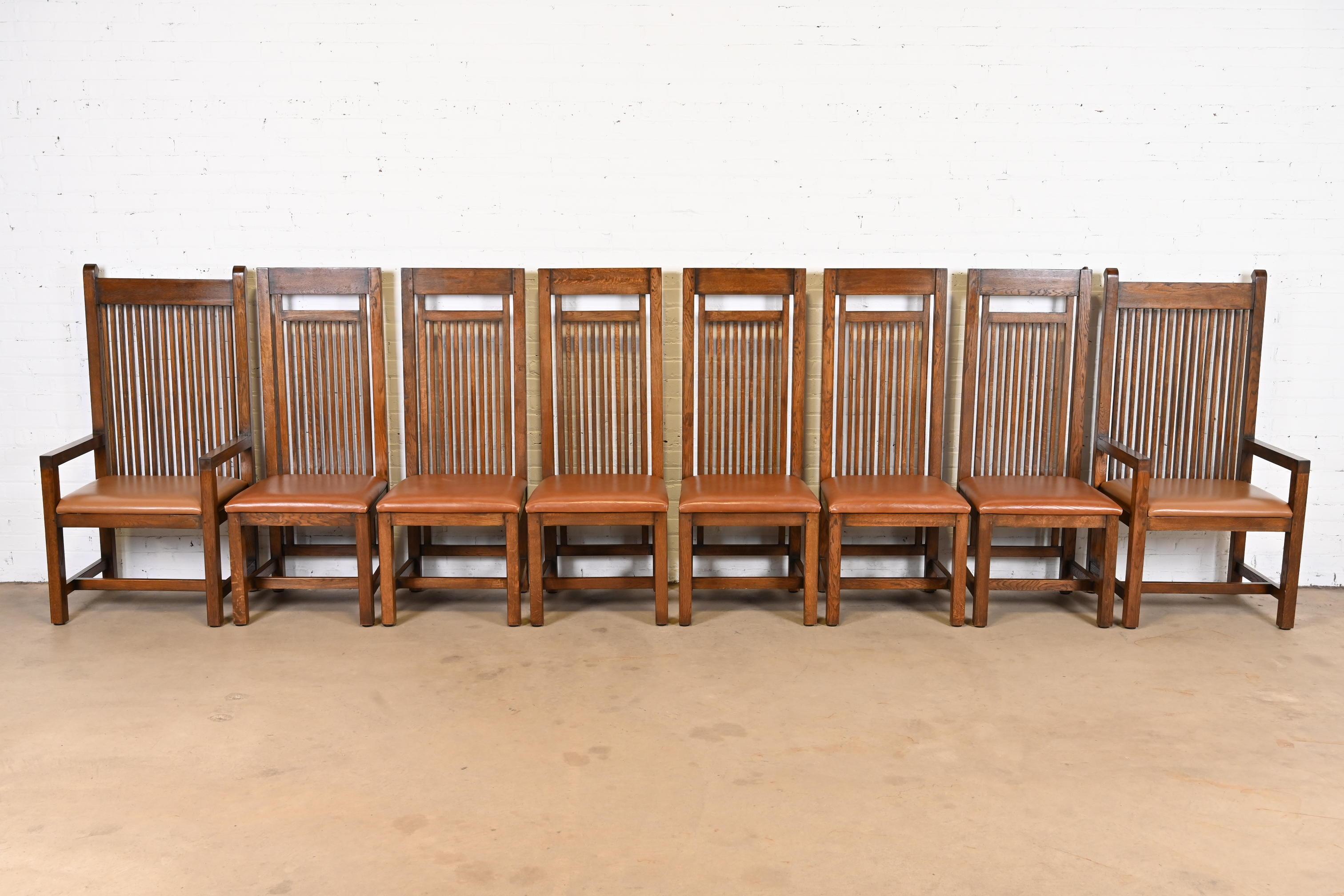 An exceptional set of eight Mission or Arts & Crafts style high back dining chairs

Designed by Frank Lloyd Wright for the Isabel Roberts House (1908)

These are very high quality reproductions. An example of the original is found at the