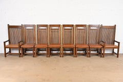 Frank Lloyd Wright Arts & Crafts Oak and Leather High Back Dining Chairs