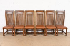 Frank Lloyd Wright Arts & Crafts Oak and Leather High Back Dining Chairs