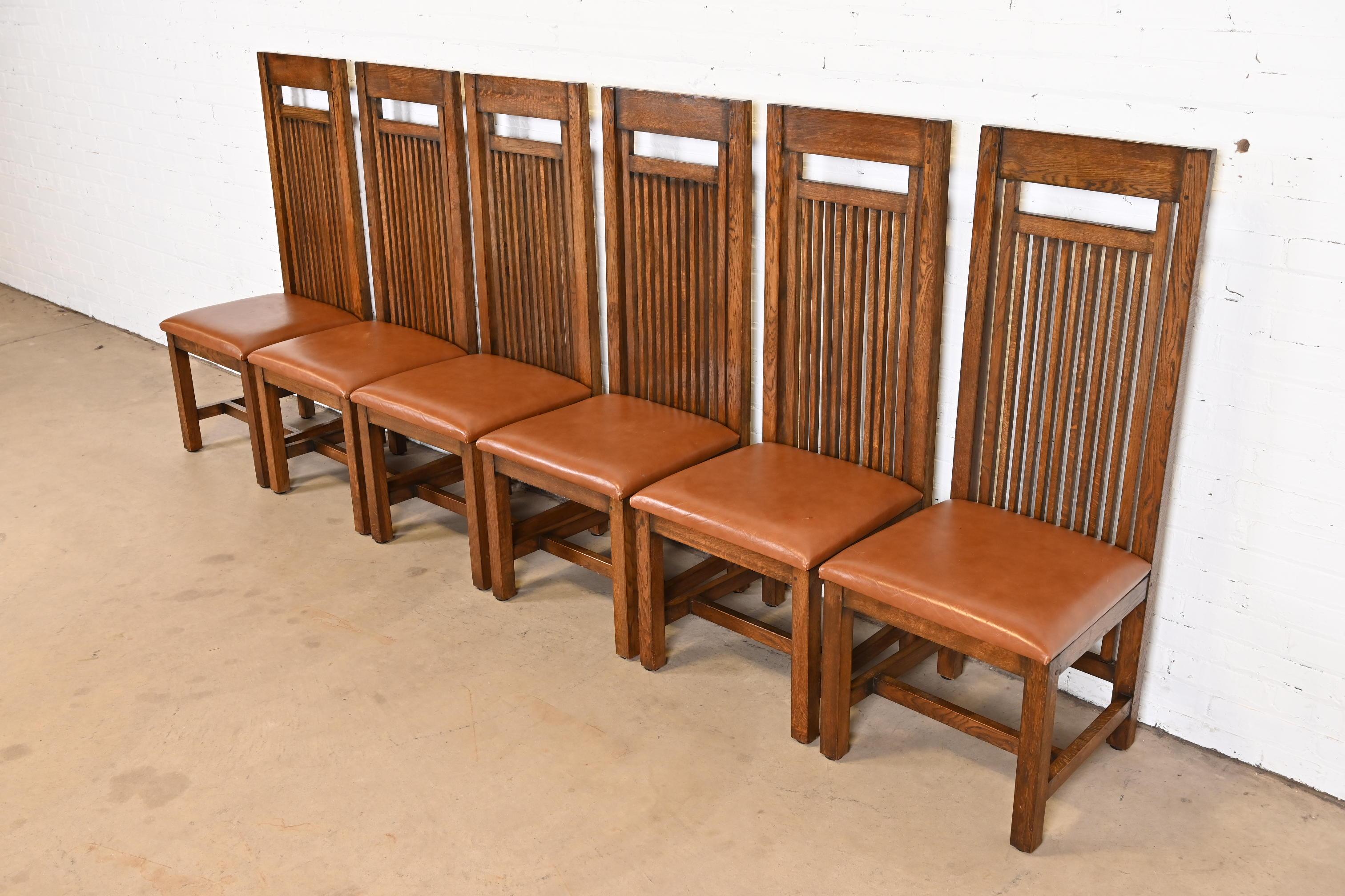 Arts and Crafts Frank Lloyd Wright Arts & Crafts Oak and Leather High Back Dining Chairs