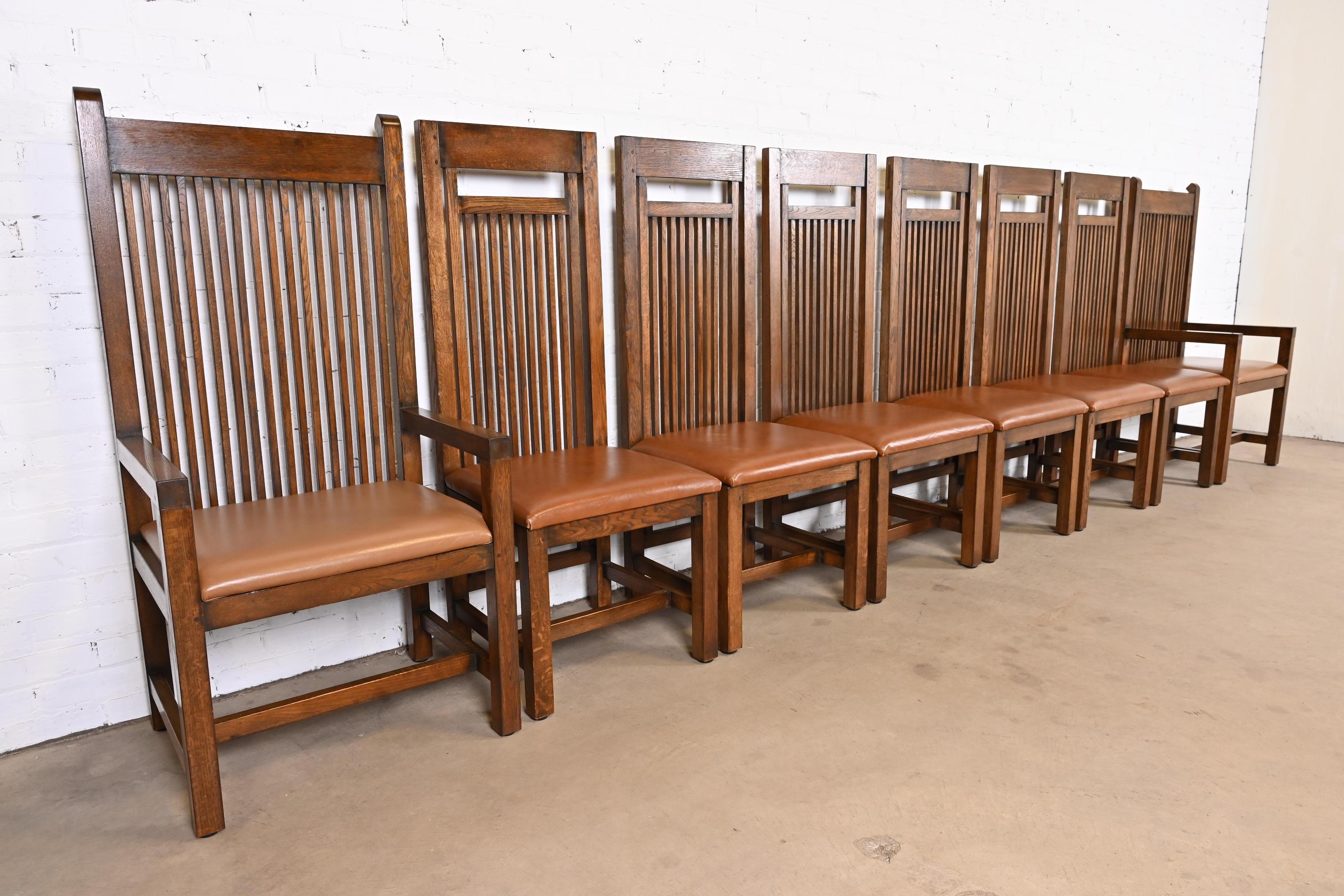 American Frank Lloyd Wright Arts & Crafts Oak and Leather High Back Dining Chairs