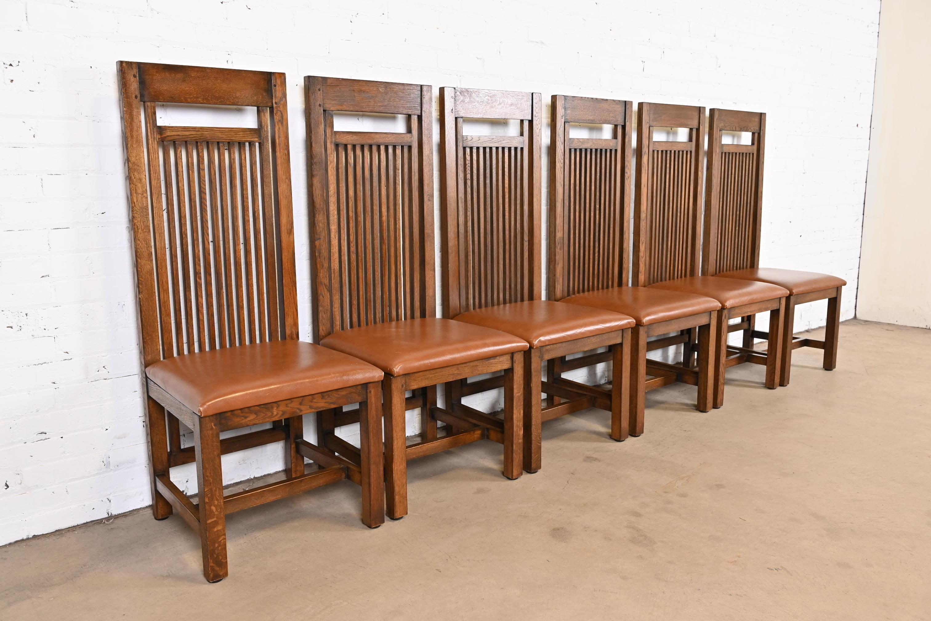 Late 20th Century Frank Lloyd Wright Arts & Crafts Oak and Leather High Back Dining Chairs