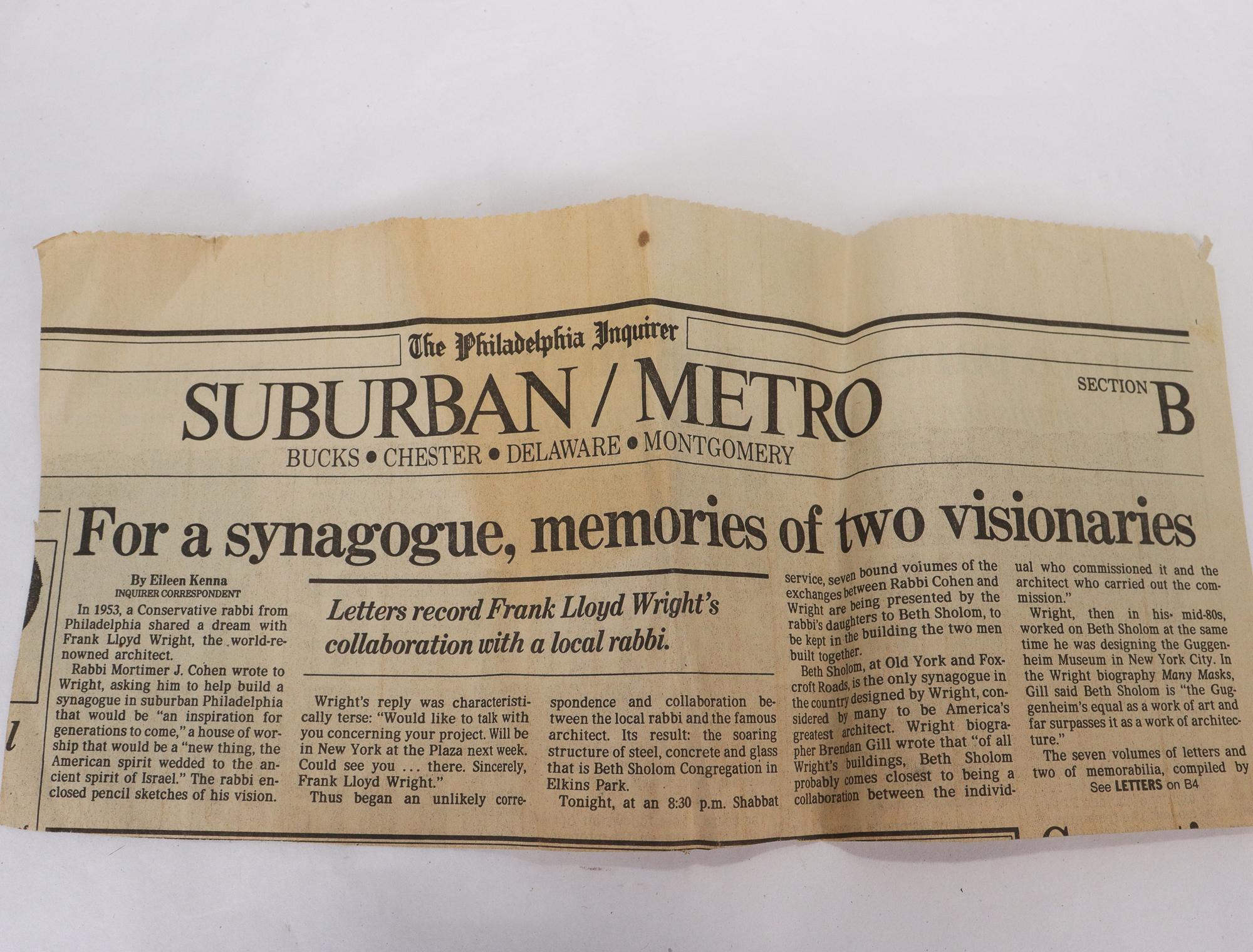 An autograph and associated memorabilia.

A framed autograph from Frank Lloyd Wright.

With a series of Philadelphia Inquirer articles on the Beth Sholom Synagogue, and an program from the synagogue's dedication on September 20th, 1959. 

Also