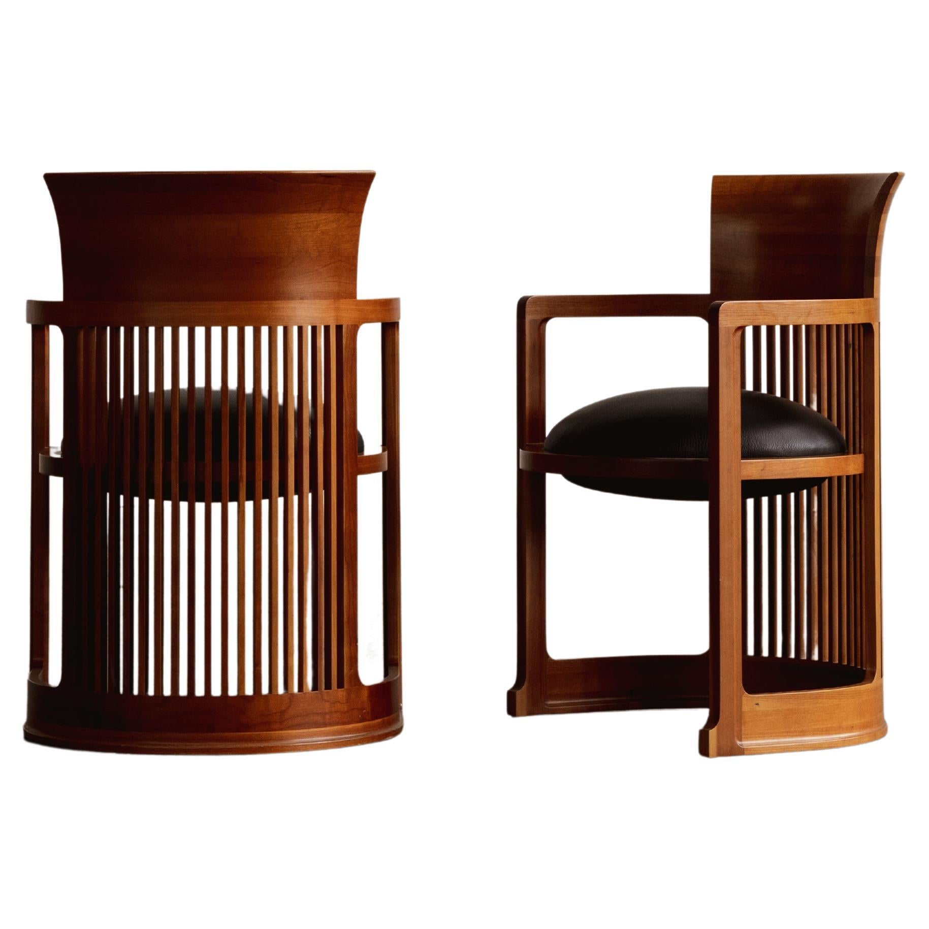 Frank Lloyd Wright "Barrel" Chairs for Cassina, Black Leather, 1937, Set of 2 For Sale