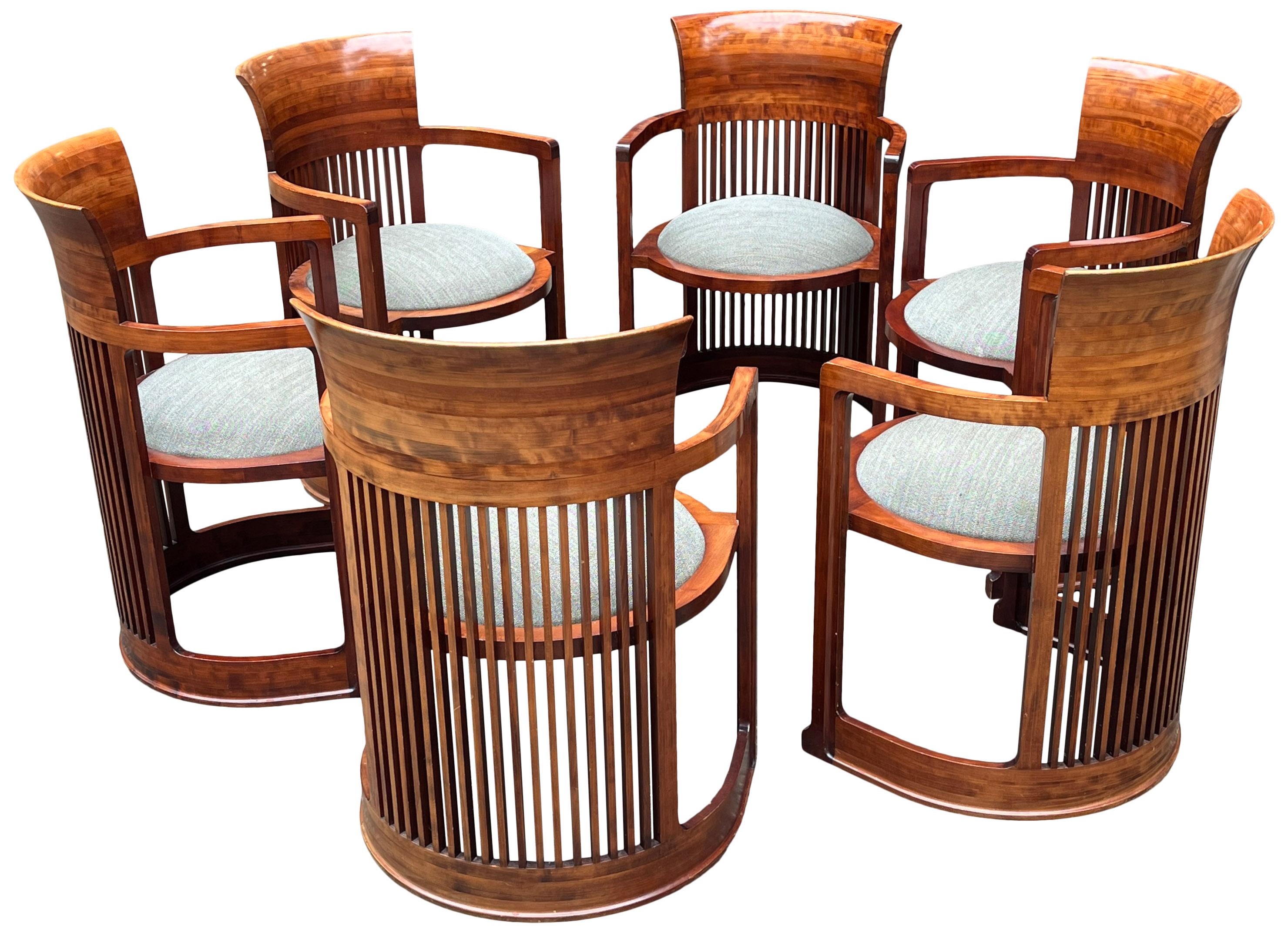Frank Lloyd Wright for Cassina, six 'barrel' chairs design 1937, production 1986, United States. This barrel-shaped armchair is composed of 37 parts, each fitting into the other with pinpoint precision. The base and the chair back are constructed
