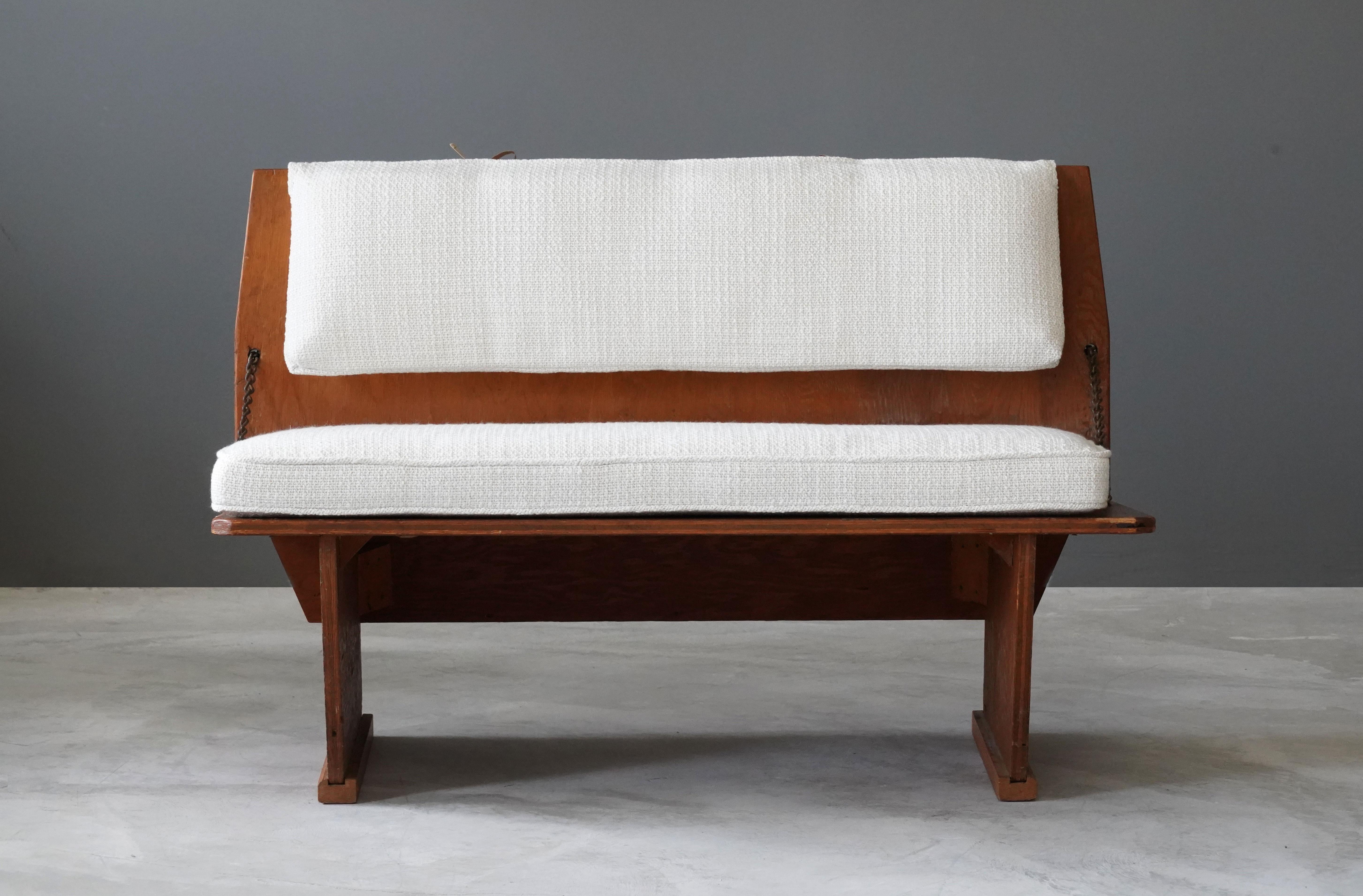 American Frank Lloyd Wright Bench from Unitarian Church, Pine Plywood, Steel, Fabric 1951