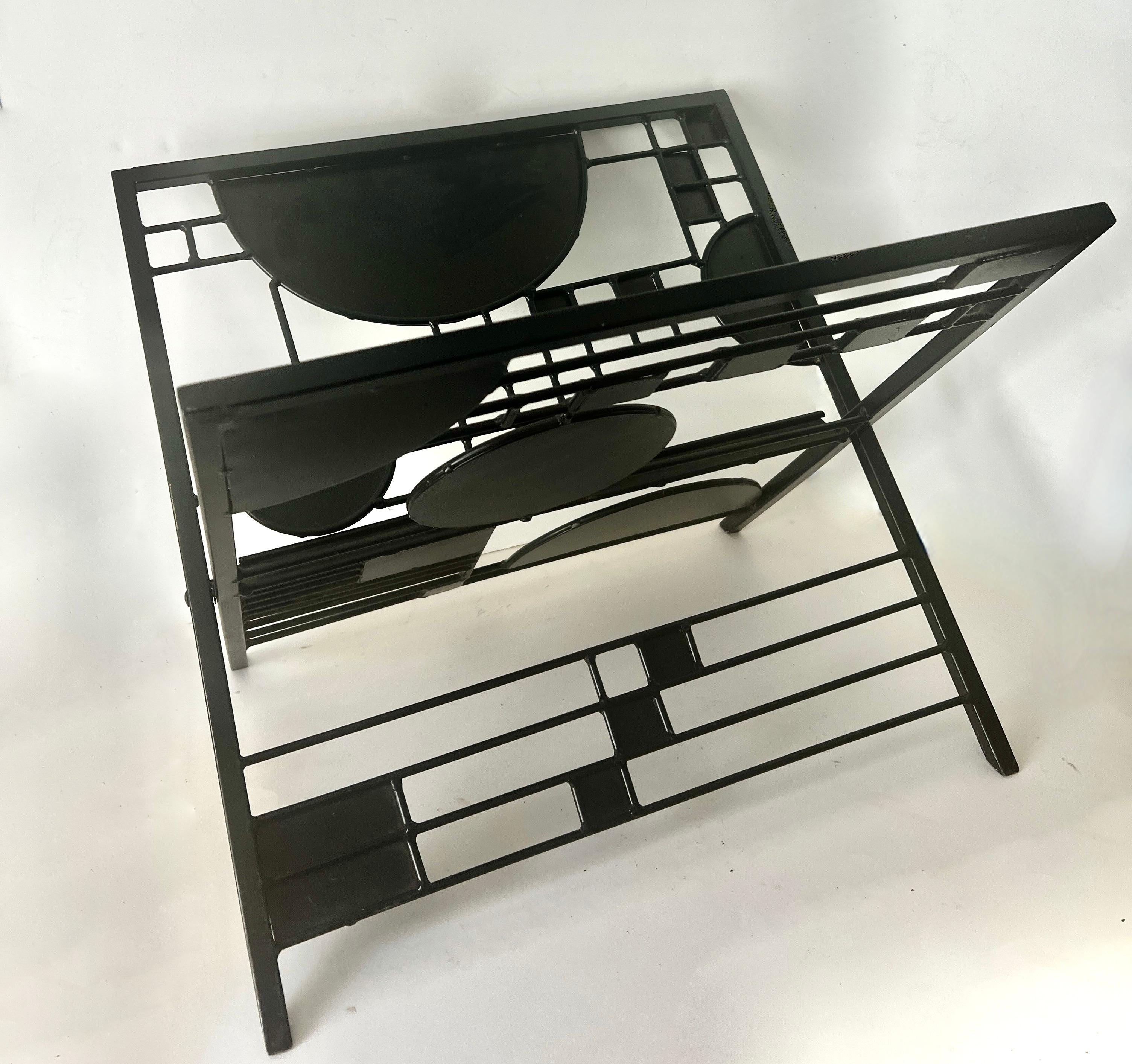 Arts and Crafts Frank Lloyd Wright Black Metal Graphic Magazine Rack For Sale
