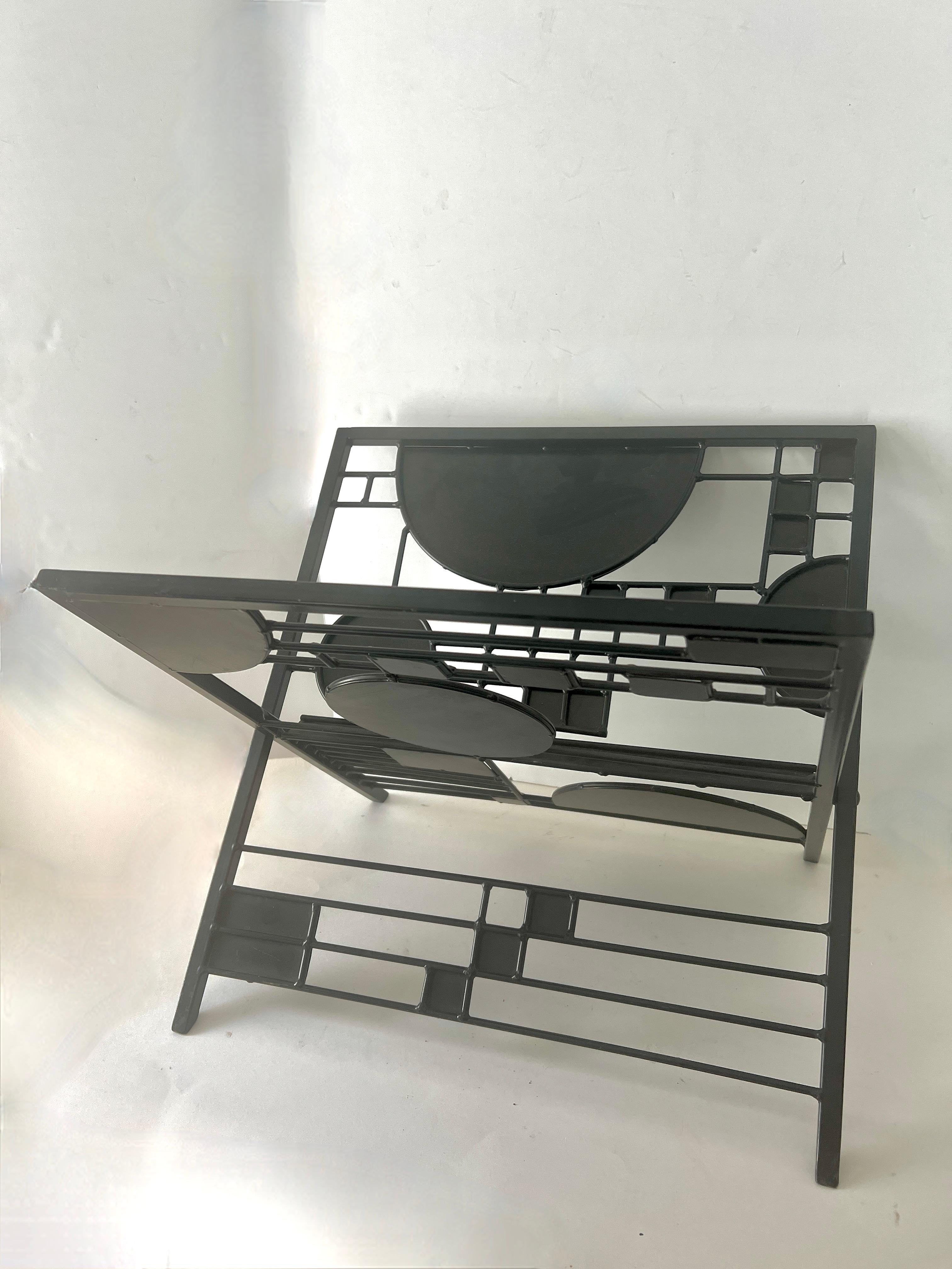 Arts and Crafts Frank Lloyd Wright Black Metal Graphic Magazine Rack For Sale