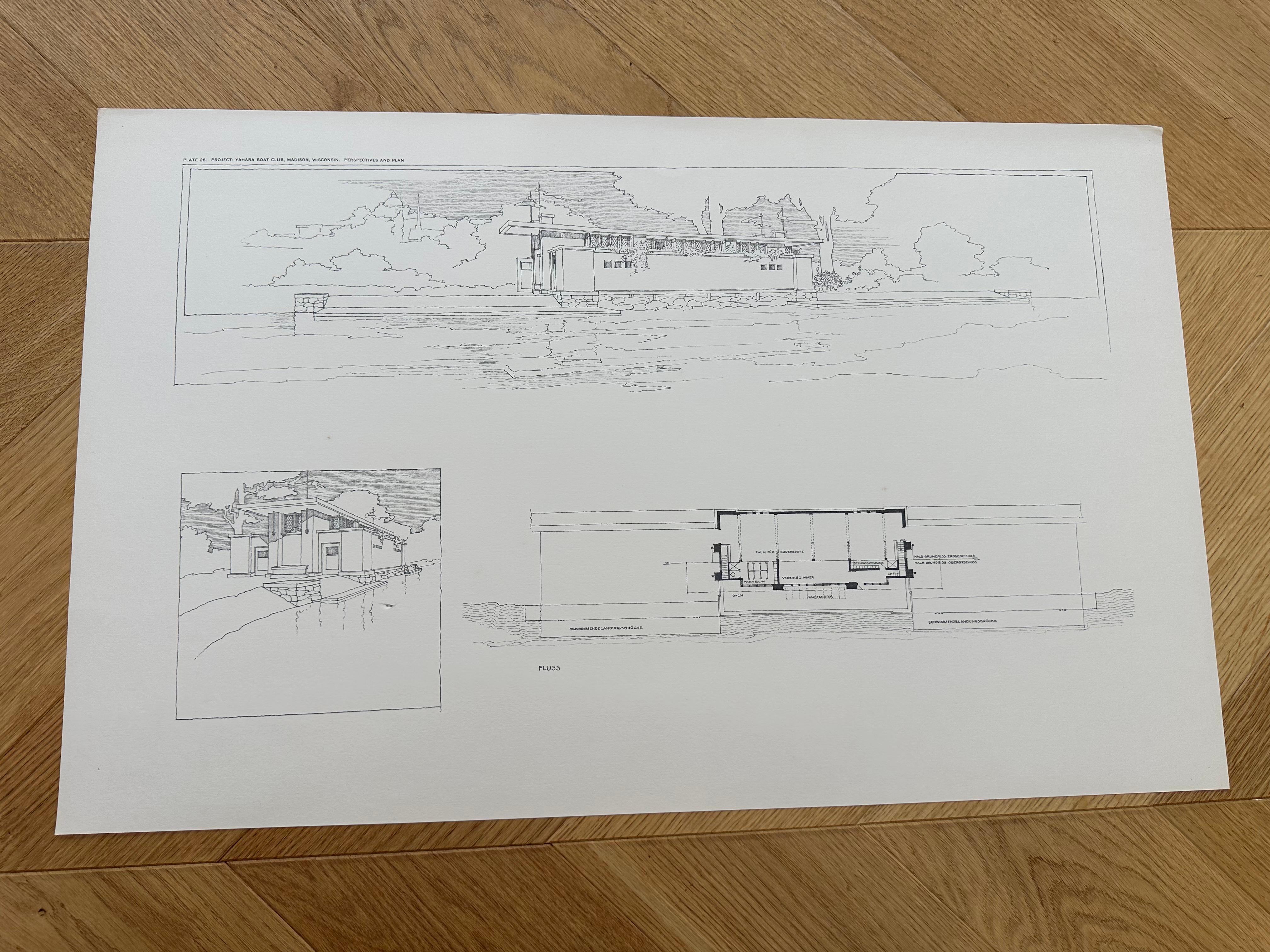 Frank Lloyd Wright Buildings Plans and Designs -  Large Plate Lithographs In Good Condition For Sale In Espoo, FI