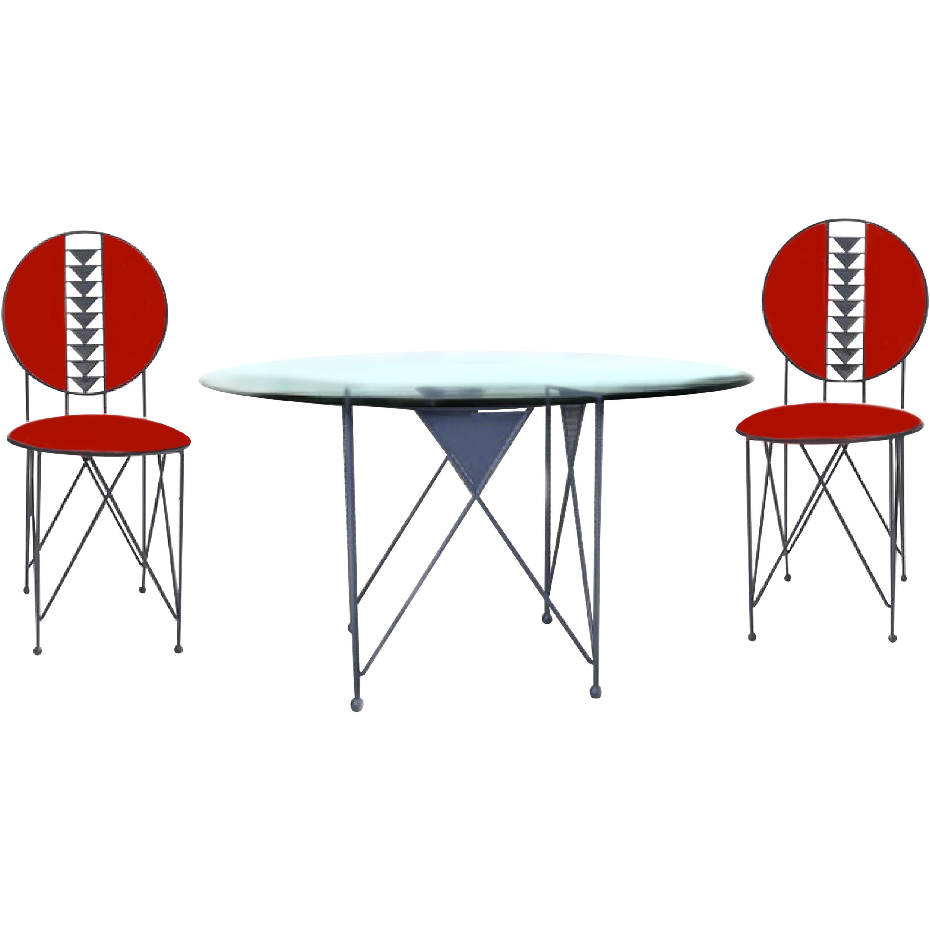Frank Lloyd Wright Cassina Midway 2 & 3 Enameled Steel Dining Set Gray Red Round