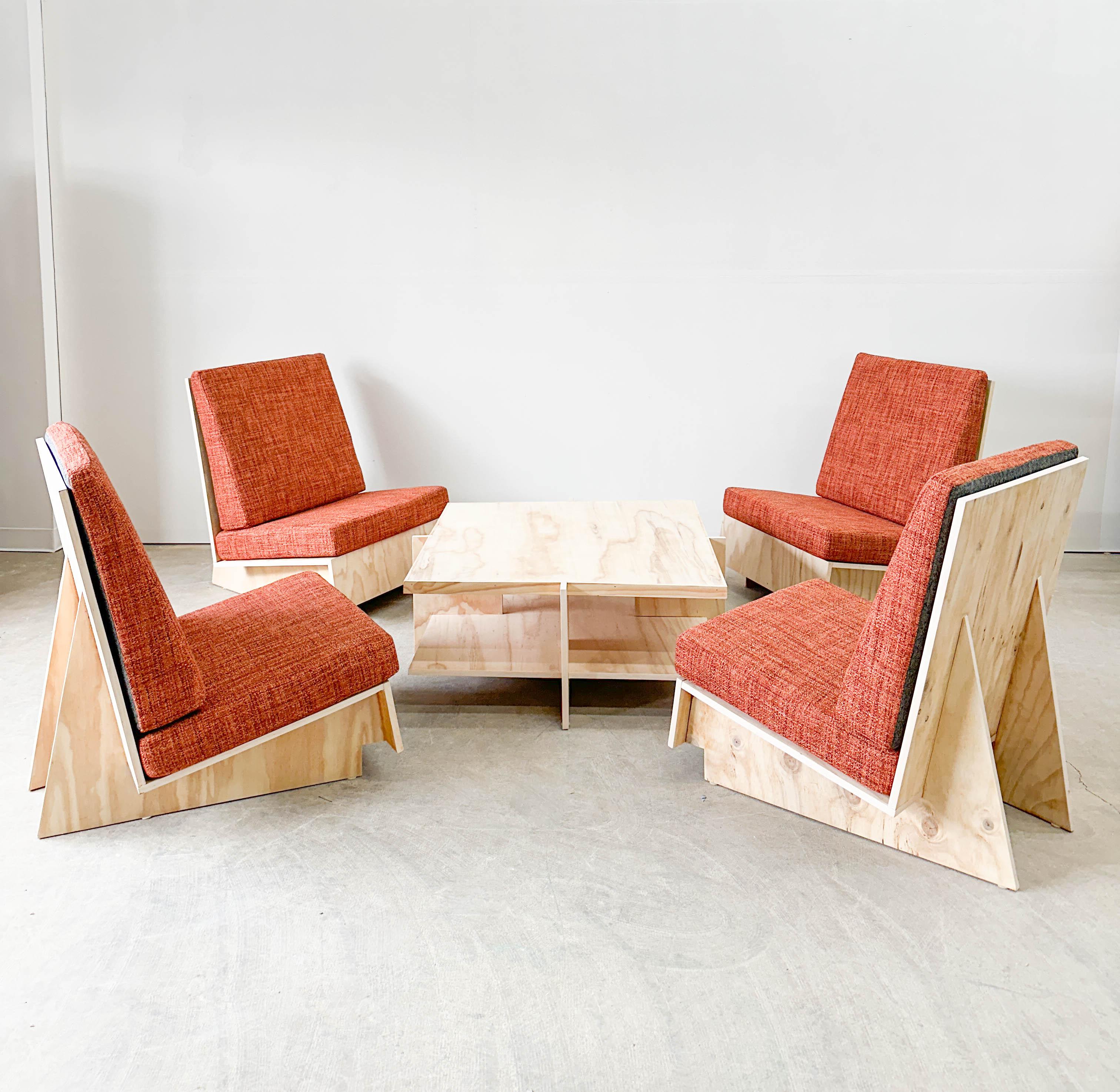 Usonian Plywood designs by Frank Loyd Wright reproduced by a woodworker in Ohio about 10 years ago. Based on plans of the original furniture from FLW’s Swanson House, these reproductions capture the raw yet beautiful geometric forms that Frank Lloyd