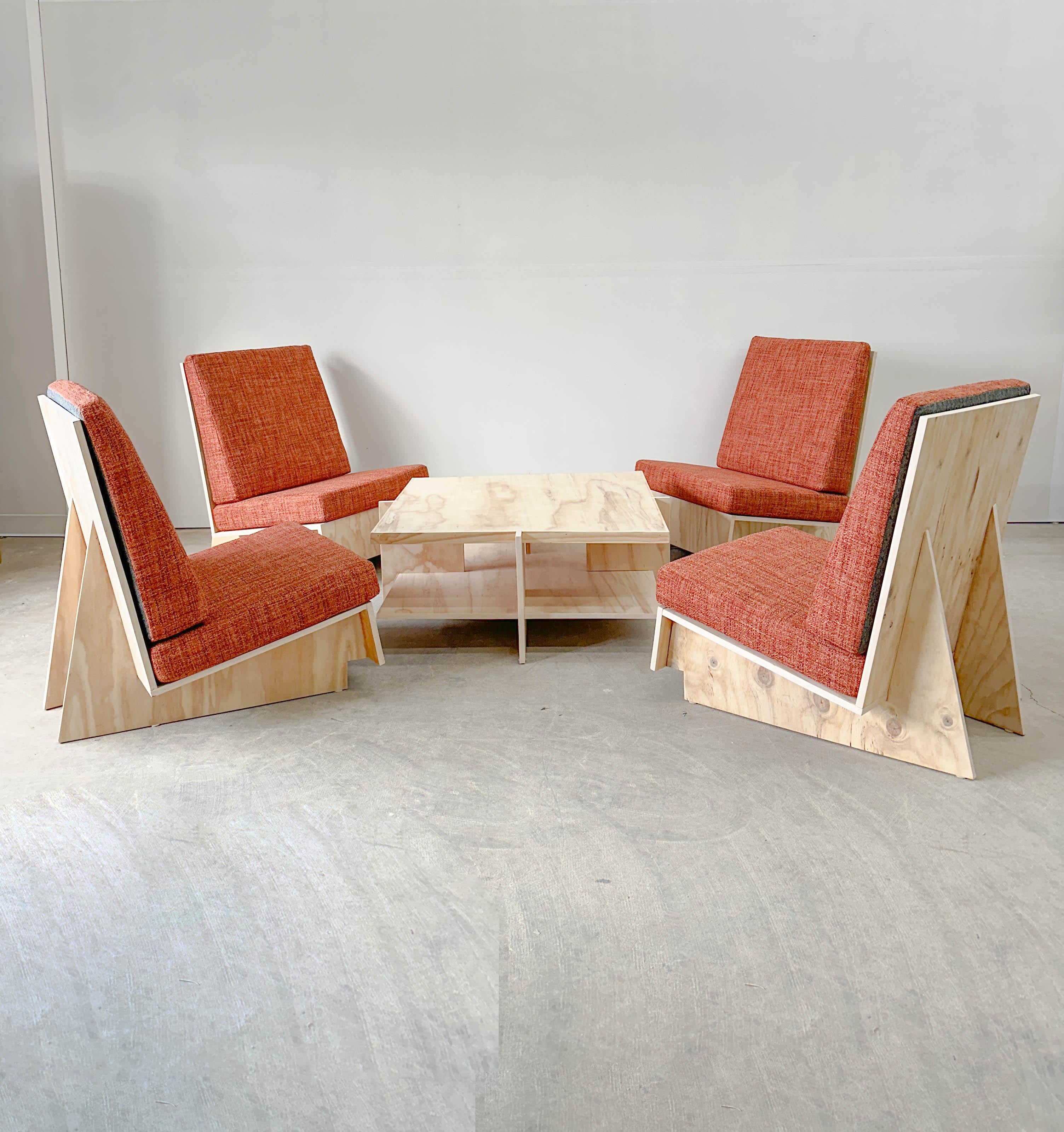 Plywood Frank Lloyd Wright Coffee Table and Lounge Chairs For Sale