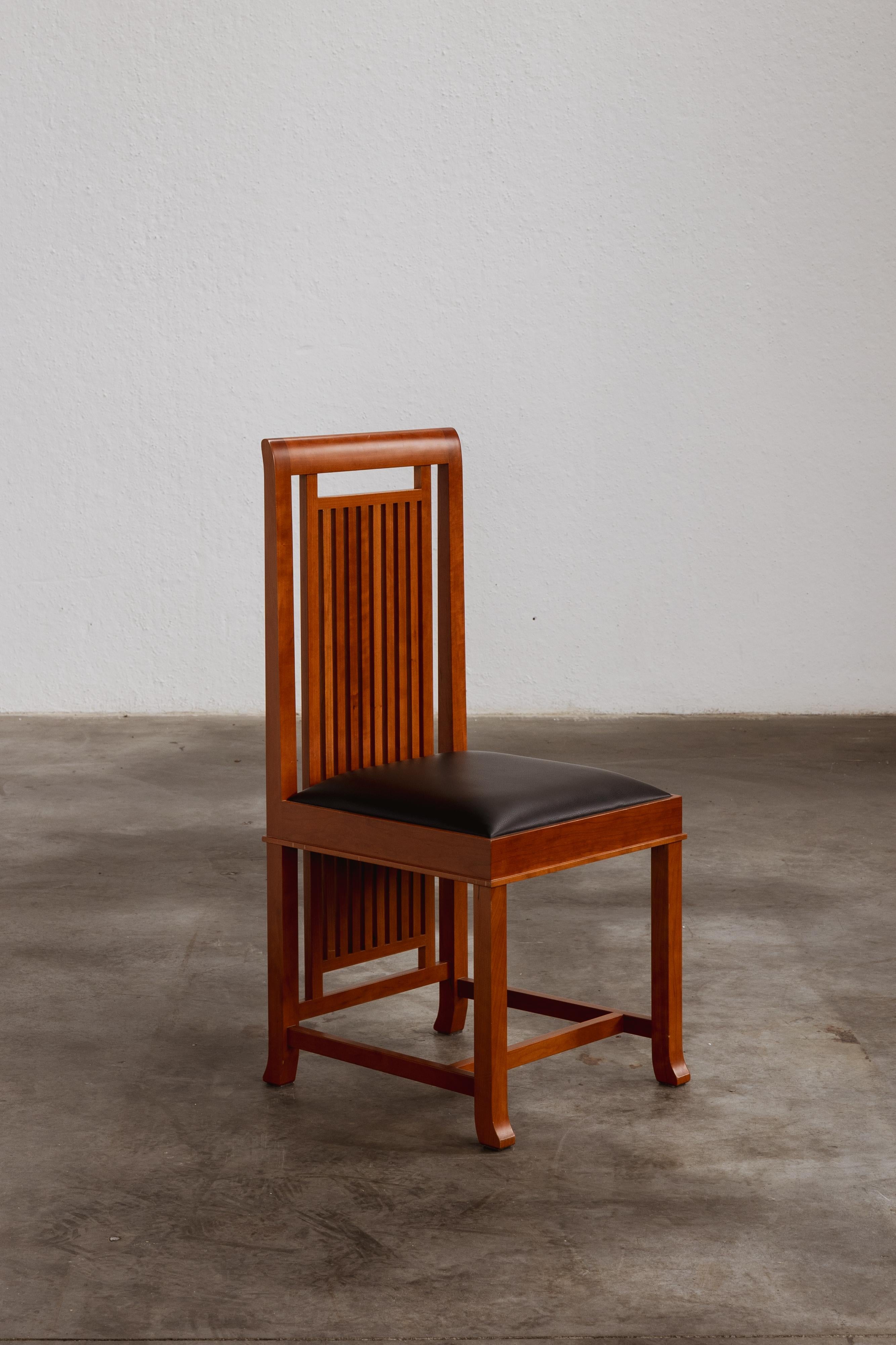 Frank Lloyd Wright “Coonley 2” dining chair for Cassina, wood and leather, Italy, 1907, set of one.

