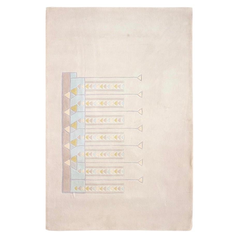 Frank Lloyd Wright for F. Schumacher & Co. Taliesin Collection medium-pile Wool Rug. Papyrus (abstracted as lines and triangles, pale green, lavender, cream) grow upwards out of the river bed (pale blue and lavender rectangles). Lovely serene