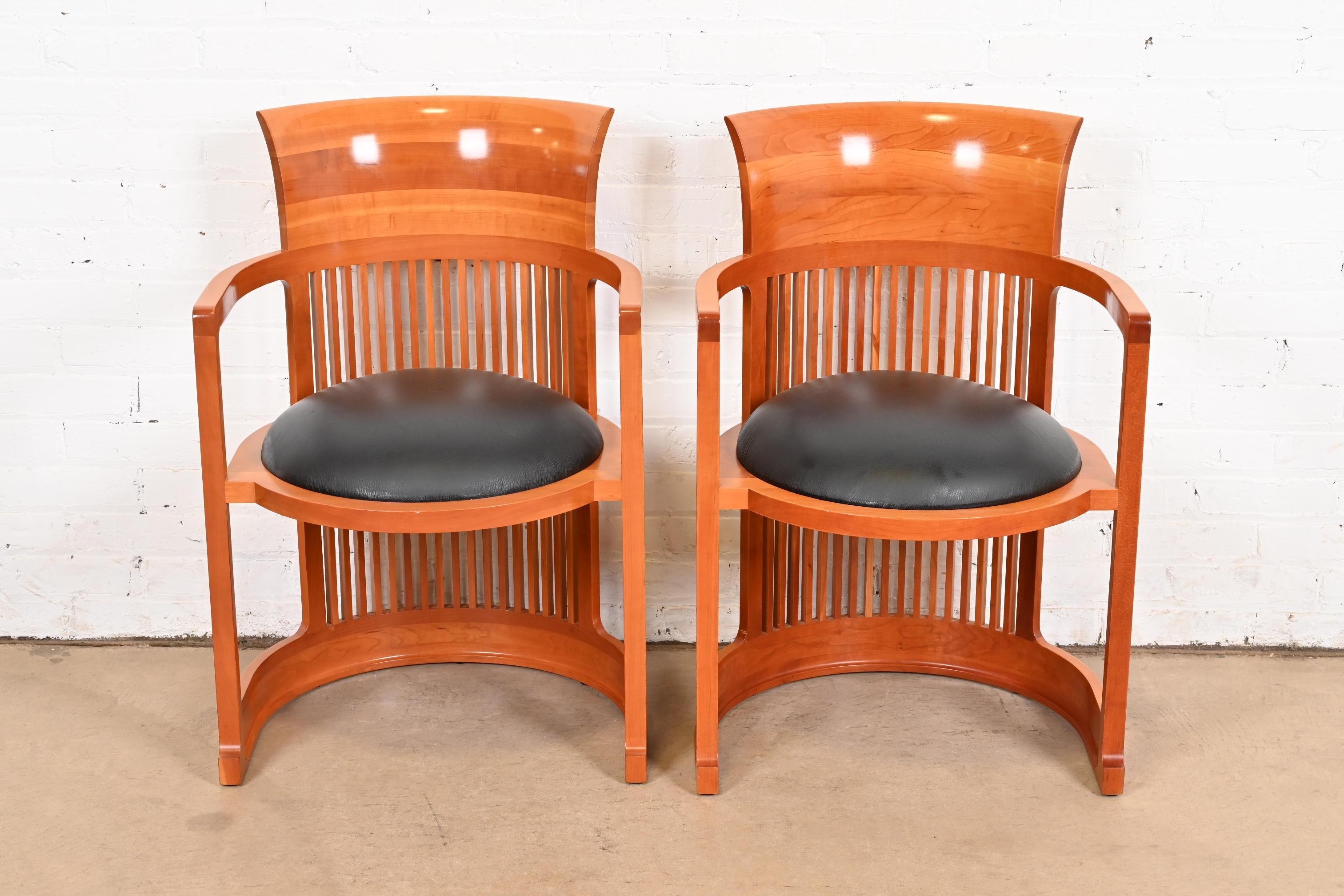 Arts and Crafts Frank Lloyd Wright for Cassina Arts & Crafts Cherry Wood Barrel Chairs, Pair