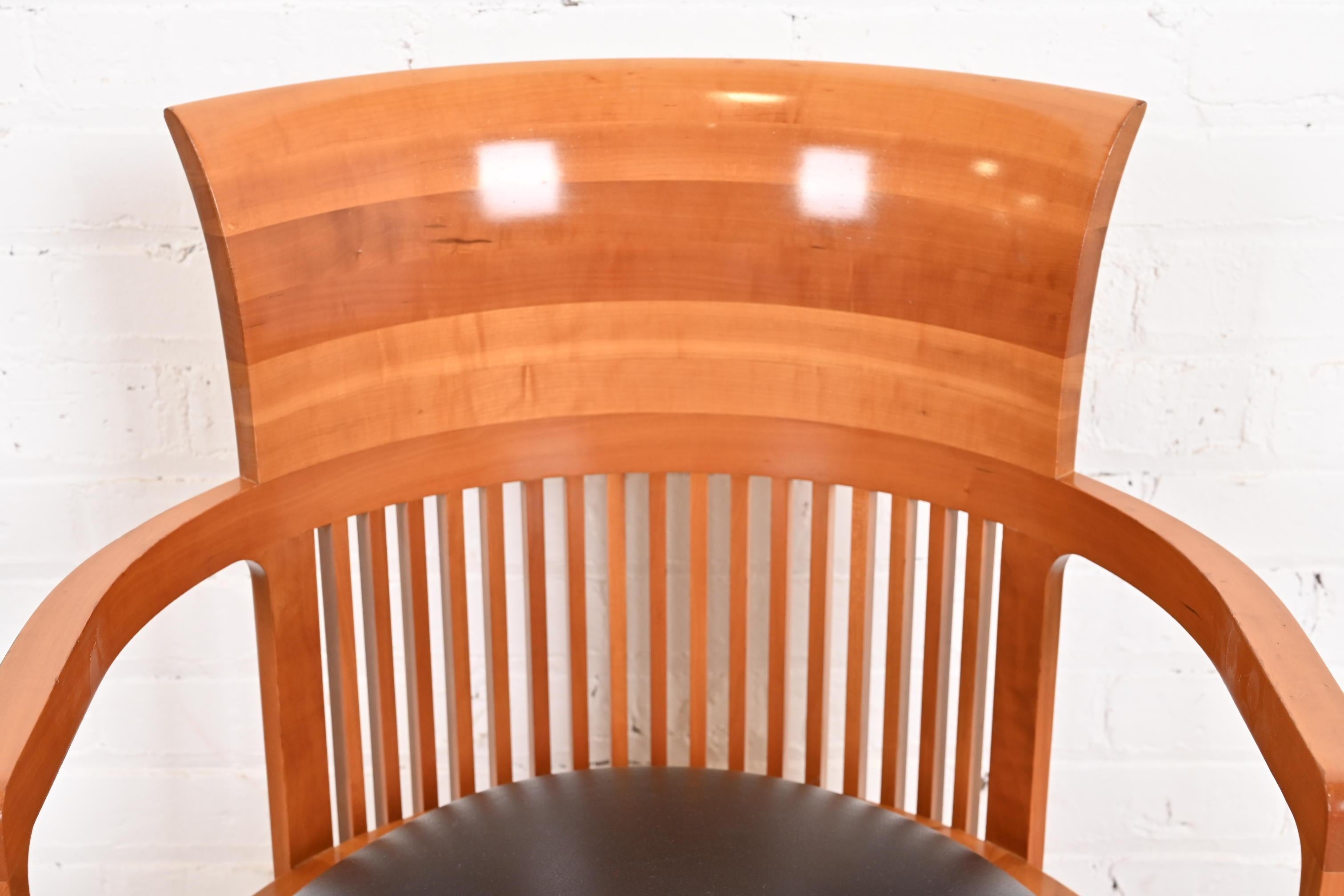 Leather Frank Lloyd Wright for Cassina Arts & Crafts Cherry Wood Barrel Chairs, Pair