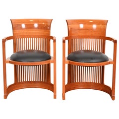 Frank Lloyd Wright for Cassina Arts & Crafts Cherry Wood Barrel Chairs, Pair