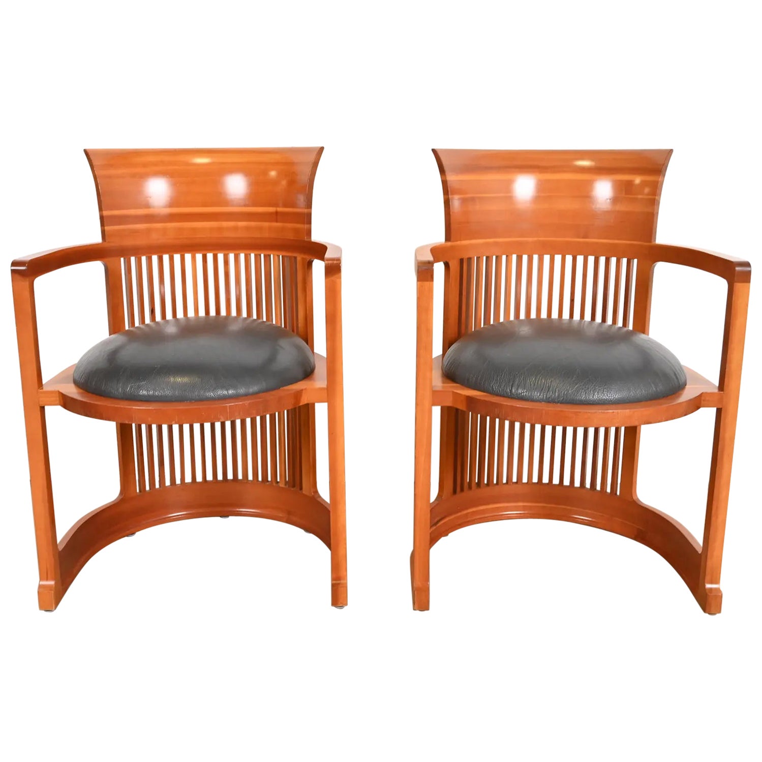 Frank Lloyd Wright for Cassina Arts & Crafts Cherry Wood Barrel Chairs, Pair