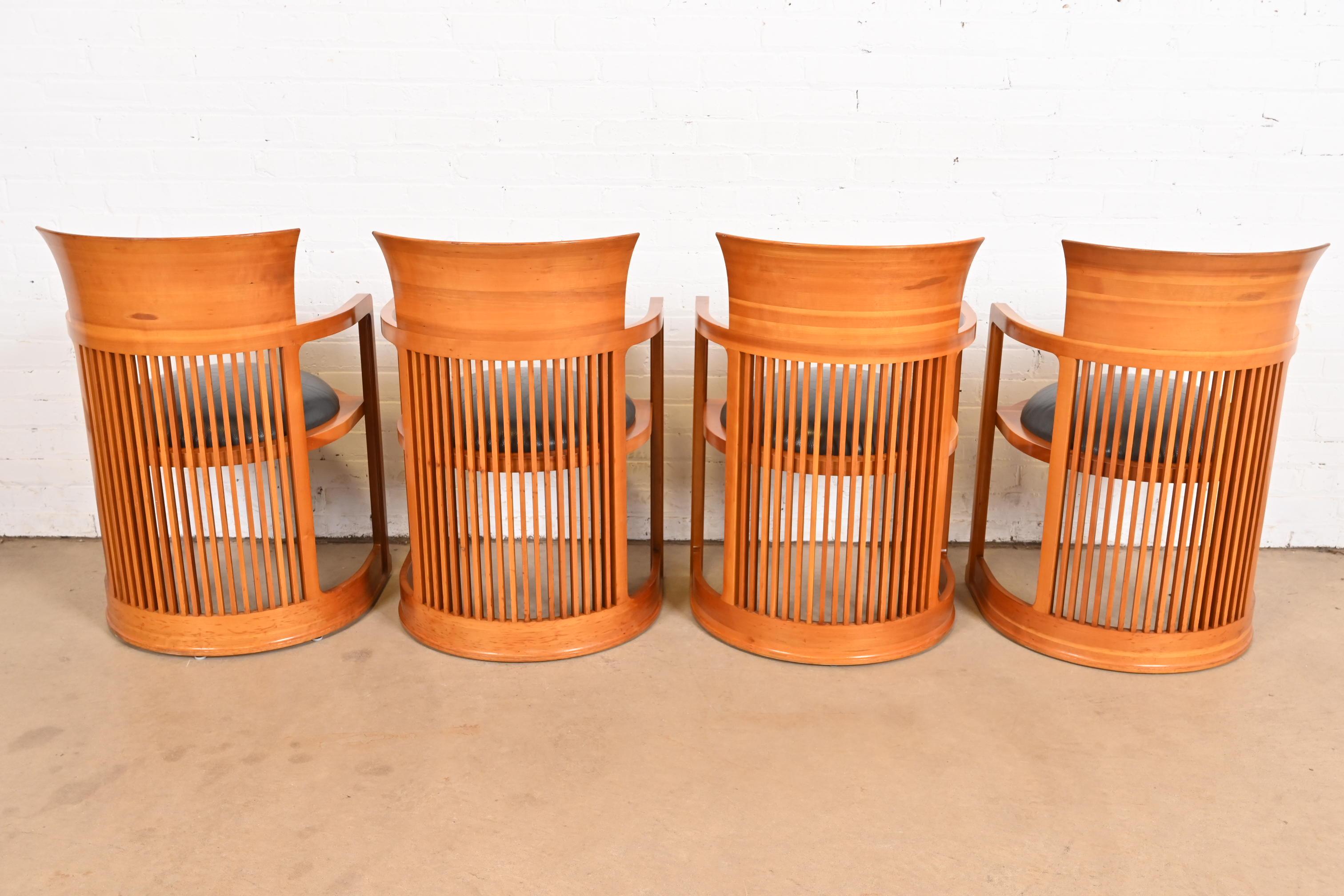 Leather Frank Lloyd Wright for Cassina Arts & Crafts Cherry Wood Barrel Chairs, Set of 4