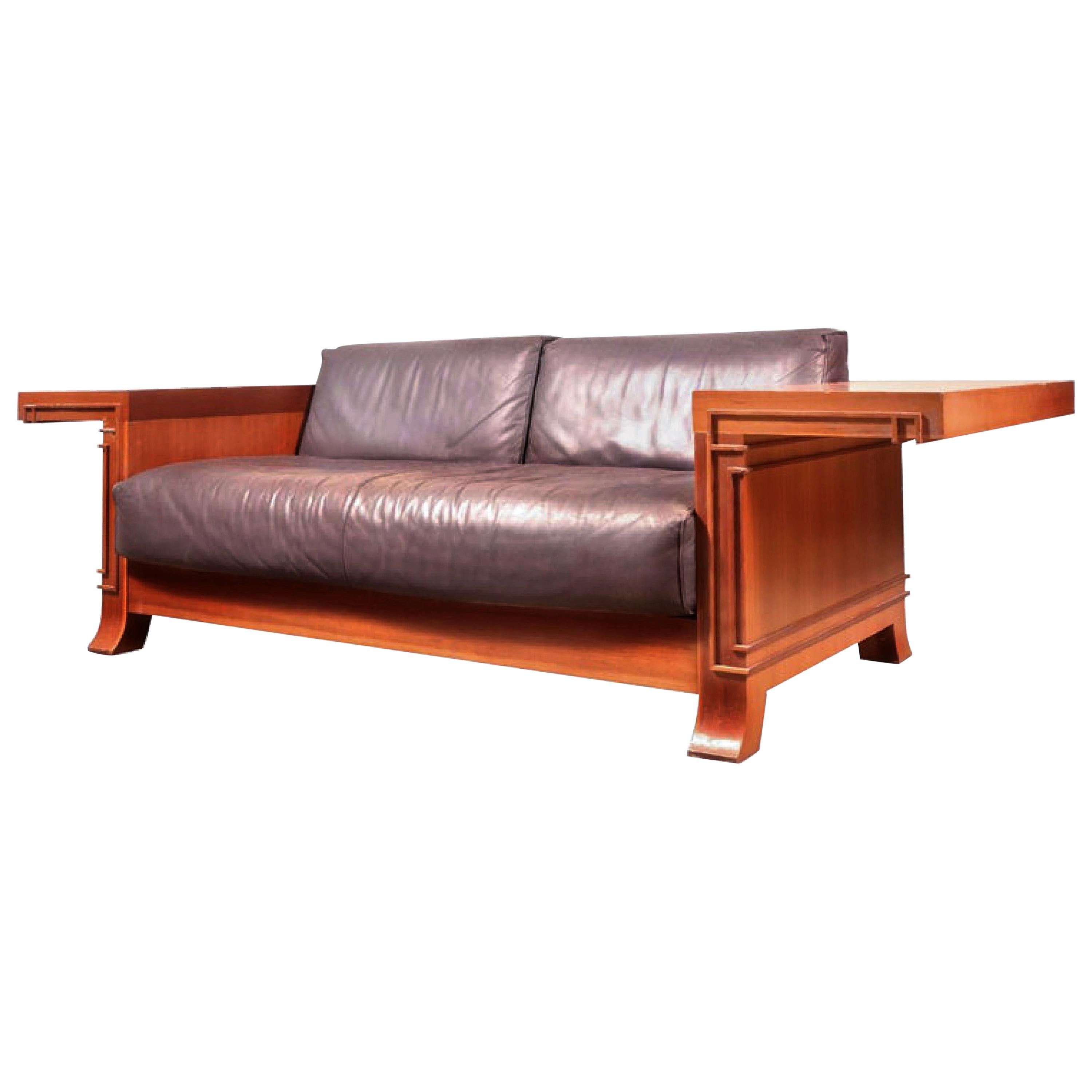 Frank Lloyd Wright for Cassina Robie 3-Leather Two-Seat Sofa, Cherrywood, Signed