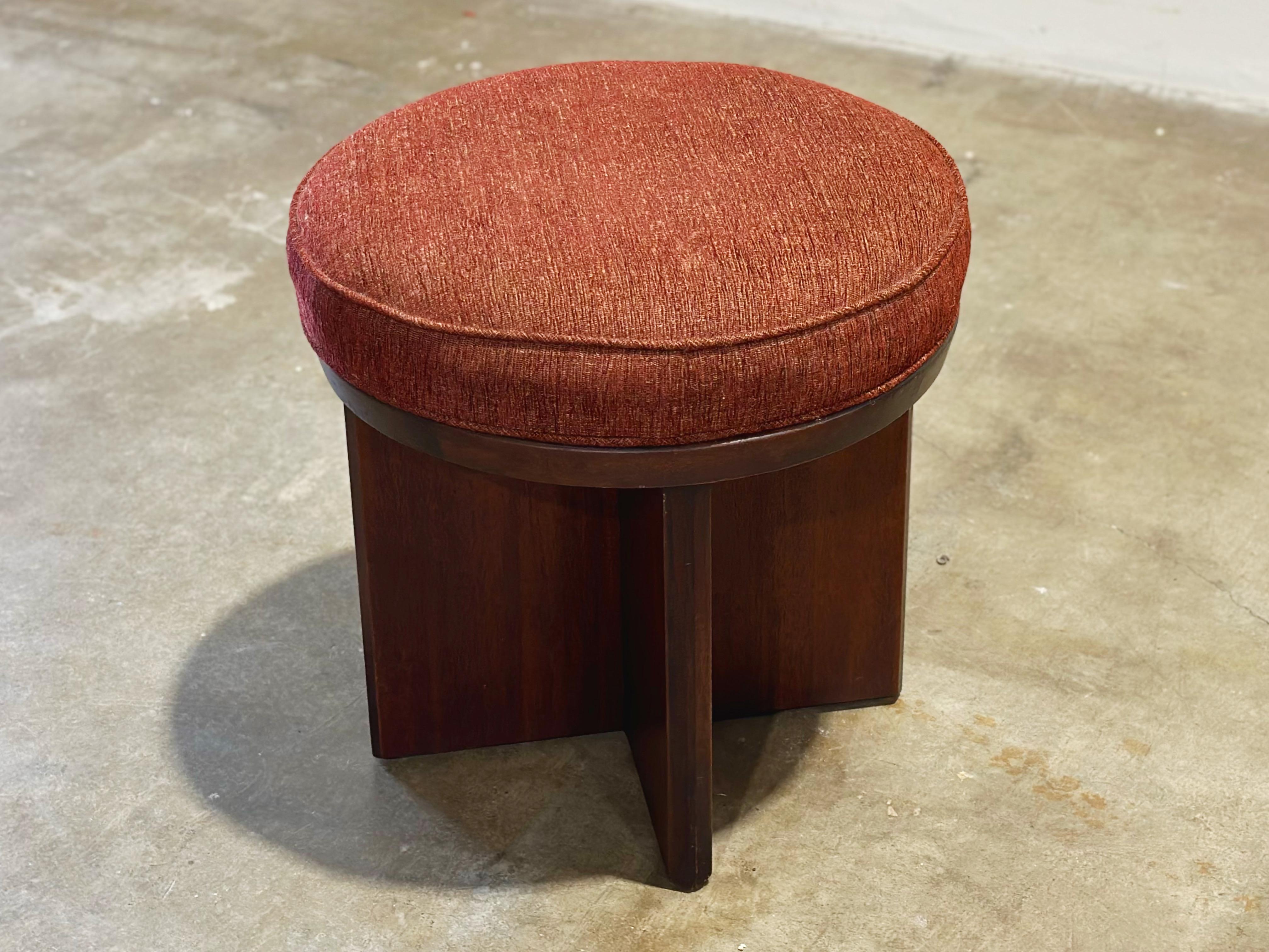 Frank Lloyd Wright for Heritage Henredon - swivel vanity stool or ottoman circa 1955/56. Solid Mahogany. 
All original - looks to have been hardly, if ever used. Mahogany has been cleaned and conditioned. Original foam is soft substantial and the