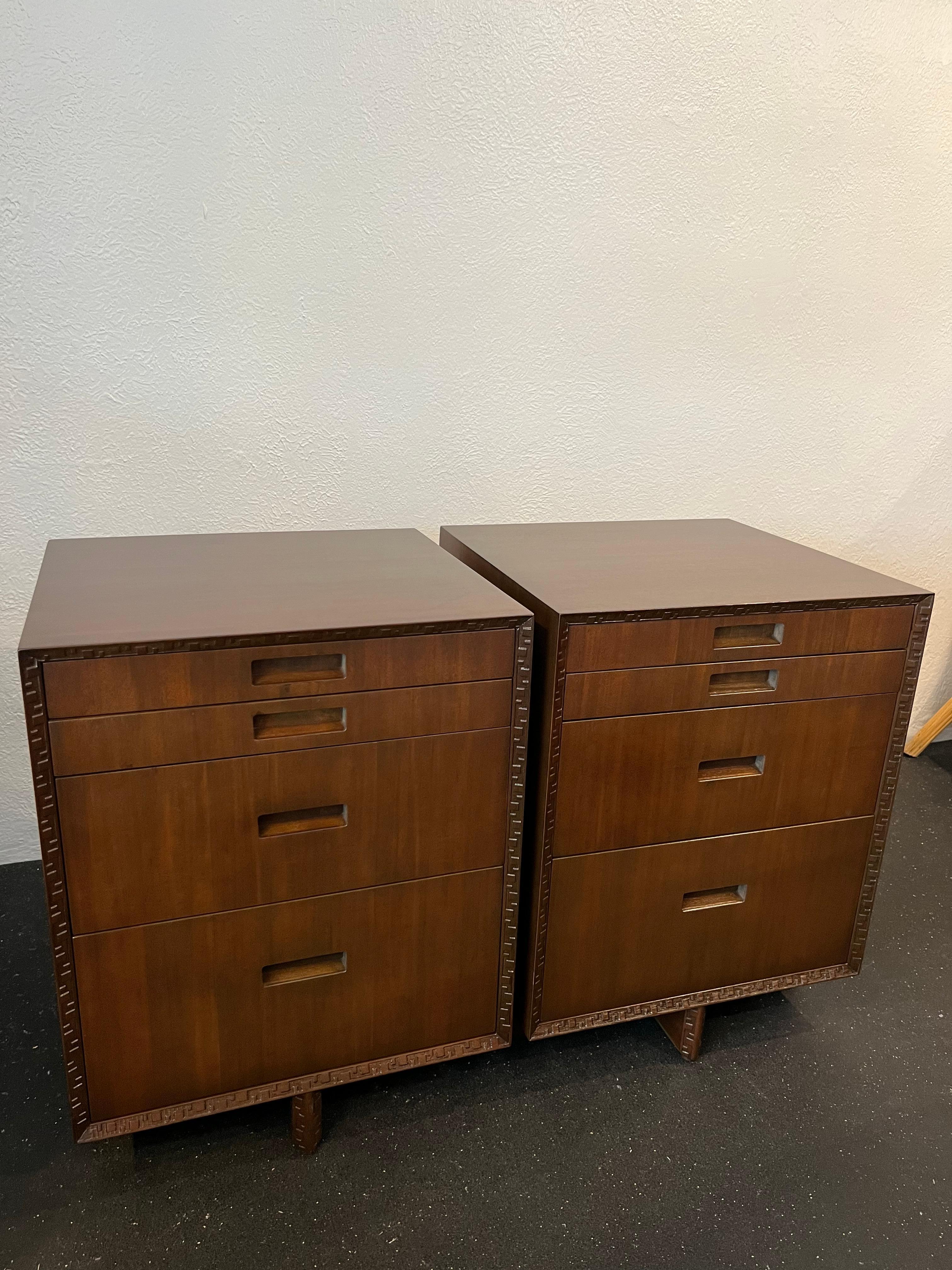 Frank Lloyd Wright for Heritage Henredon “Taliesin” pair of cabinets. Recently refinished. Additional photos available upon request. Matching dresser, side table and mirror also available separately.

Would work well in a variety of interiors such