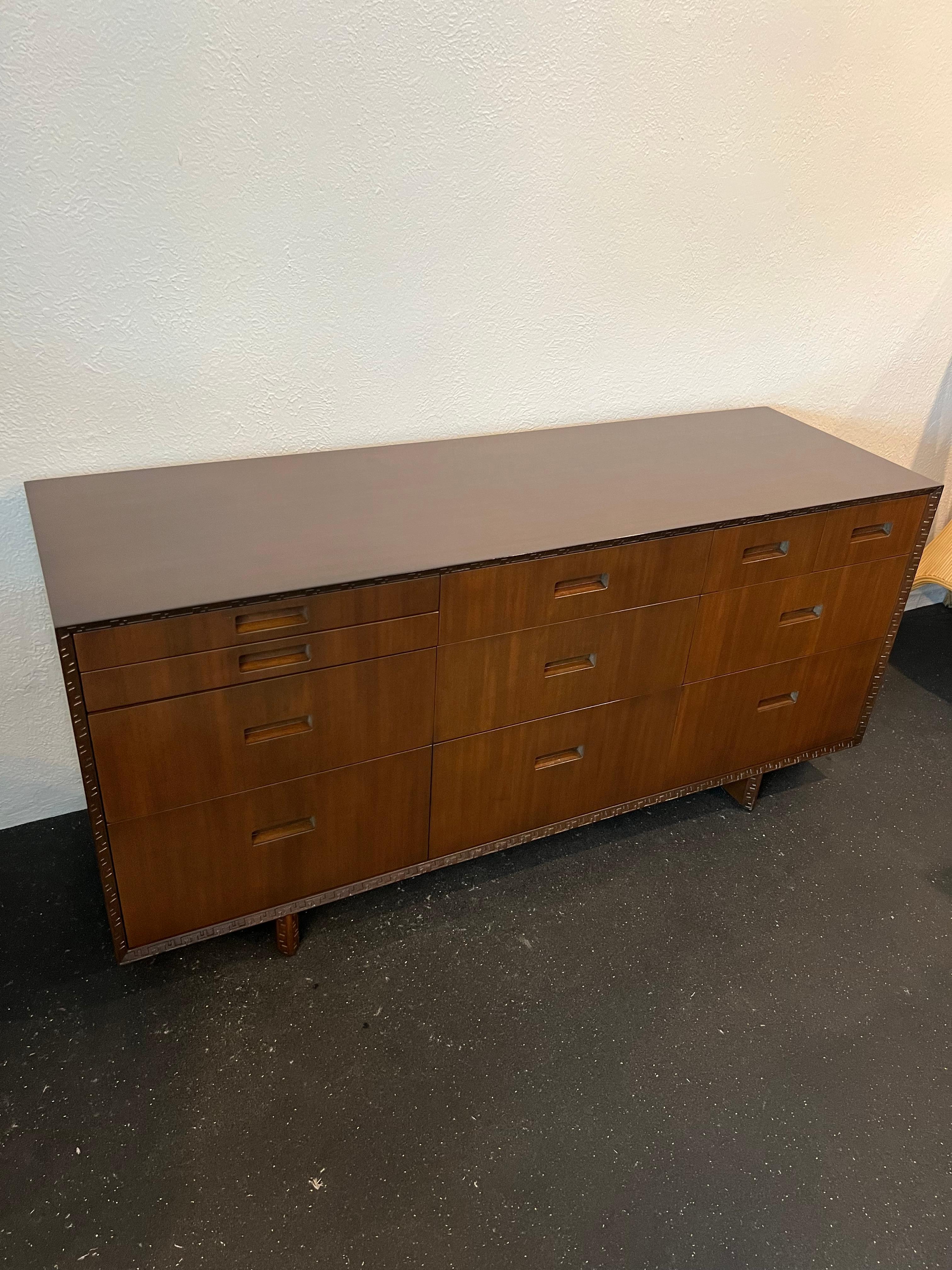 Frank Lloyd Wright for Heritage Henredon “Taliesin” dresser. Recently refinished. Additional photos available upon request. Matching side table, pair of chest and mirror also available separately.

Would work well in a variety of interiors such as
