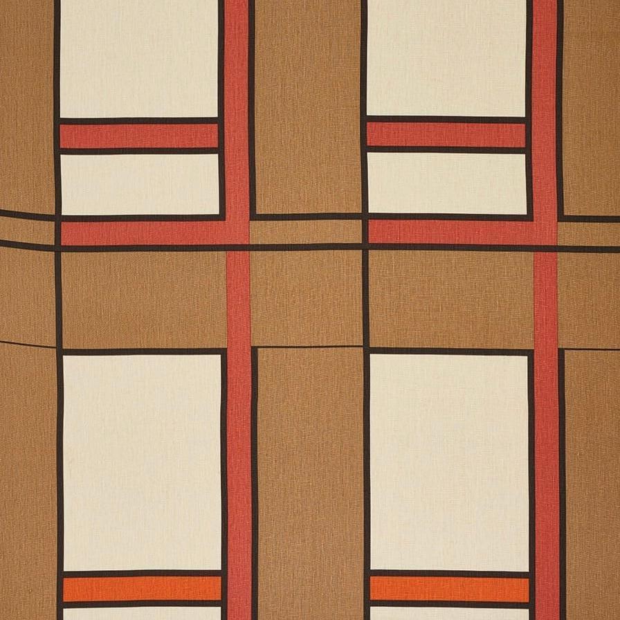 Textile Frank Lloyd Wright for Schumacher Design 103: Brown & Red Linen Large Panel 1955 For Sale