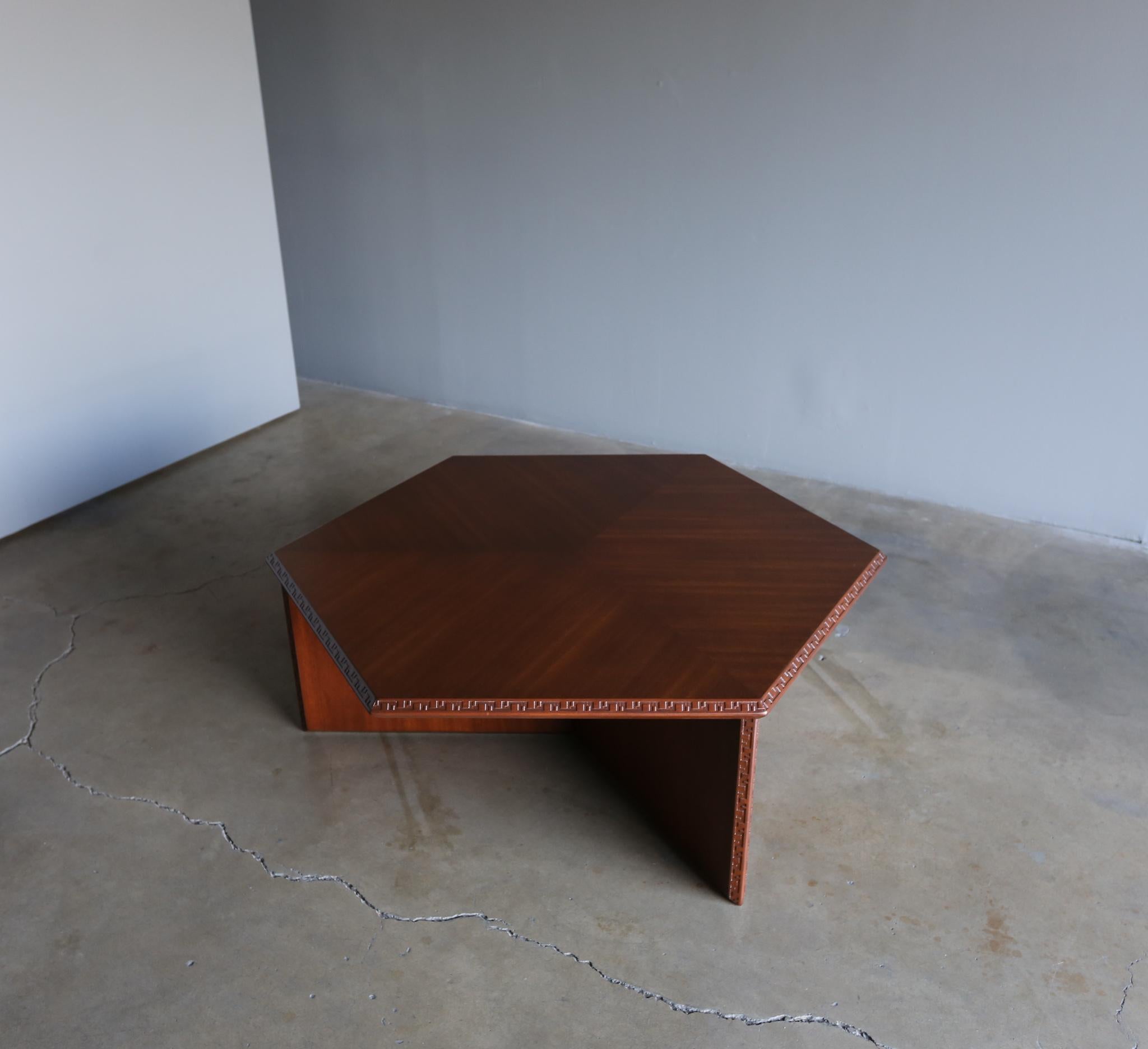 Mahogany Frank Lloyd Wright Hexagonal Taliesin Coffee Table, circa 1955