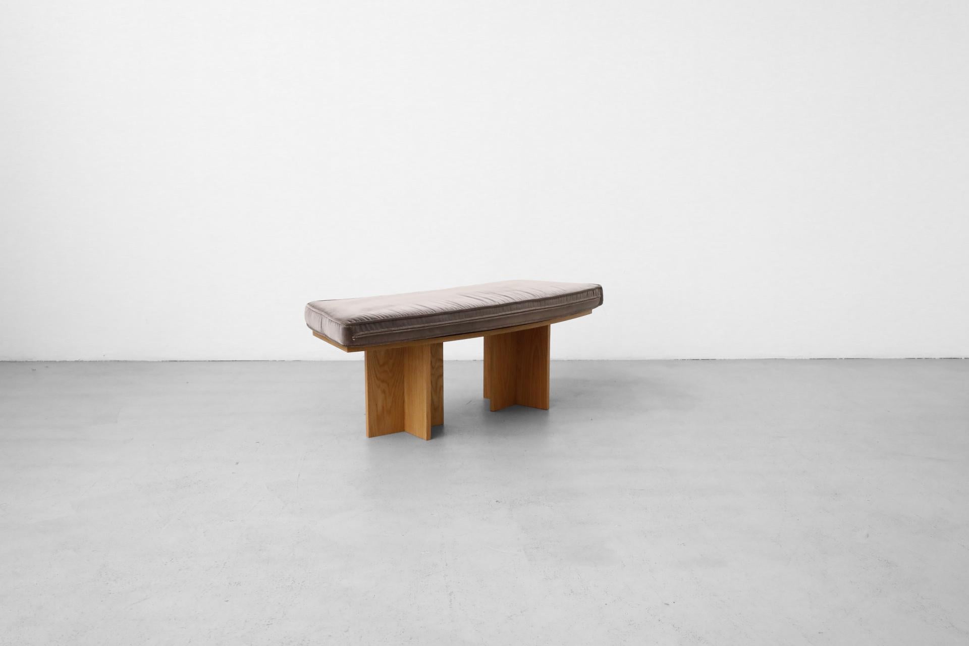 Frank Lloyd Wright Inspired Curved Oak Benches w/ Velvet Cushions 4
