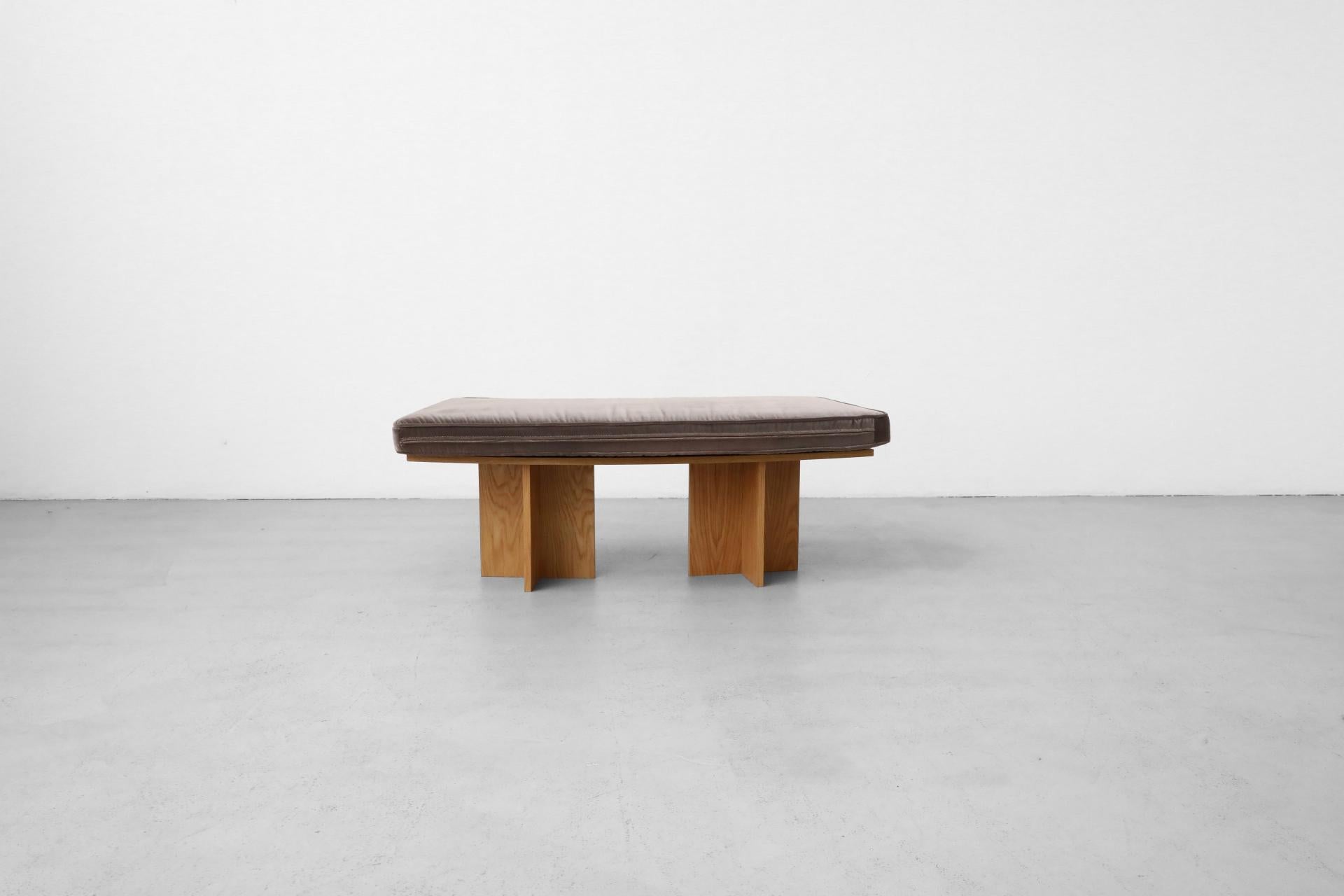 Frank Lloyd Wright Inspired Curved Oak Benches w/ Velvet Cushions 5