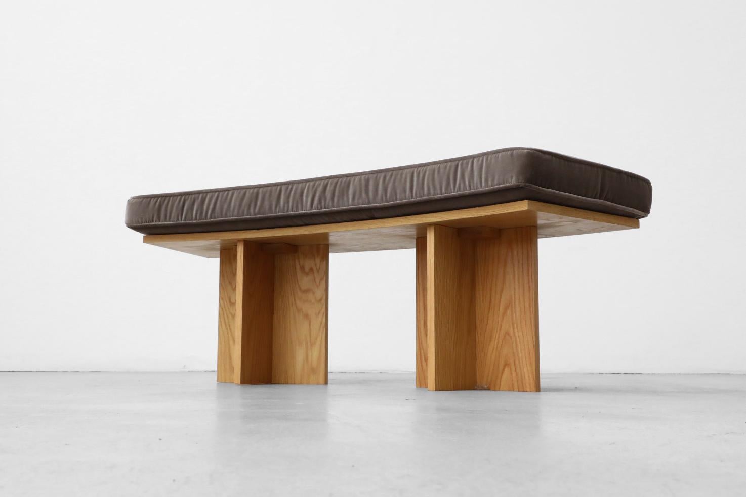 Frank Lloyd Wright Inspired Curved Oak Benches w/ Velvet Cushions 6