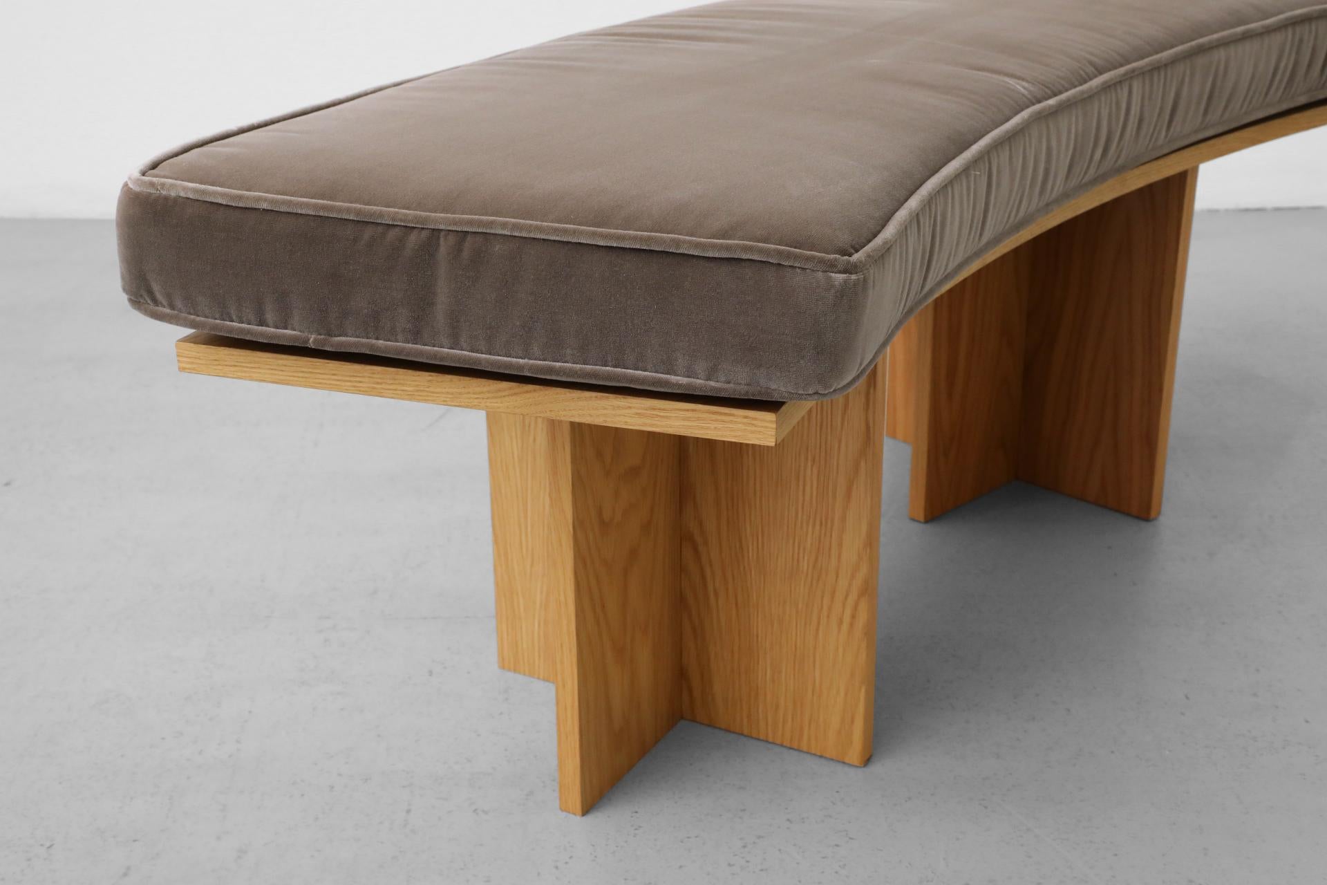 Frank Lloyd Wright Inspired Curved Oak Benches w/ Velvet Cushions 7