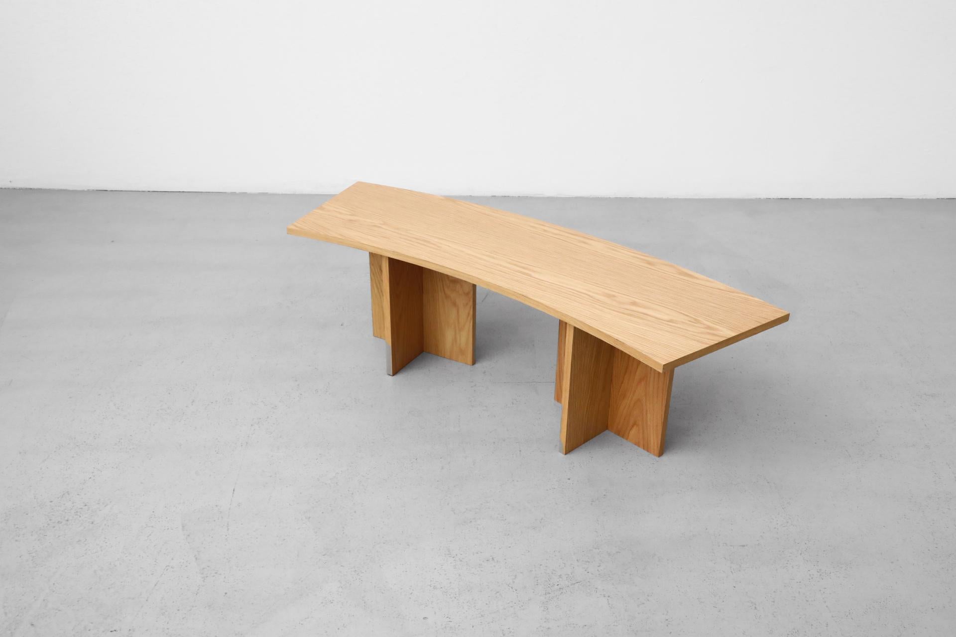 Frank Lloyd Wright Inspired Curved Oak Benches w/ Velvet Cushions 9