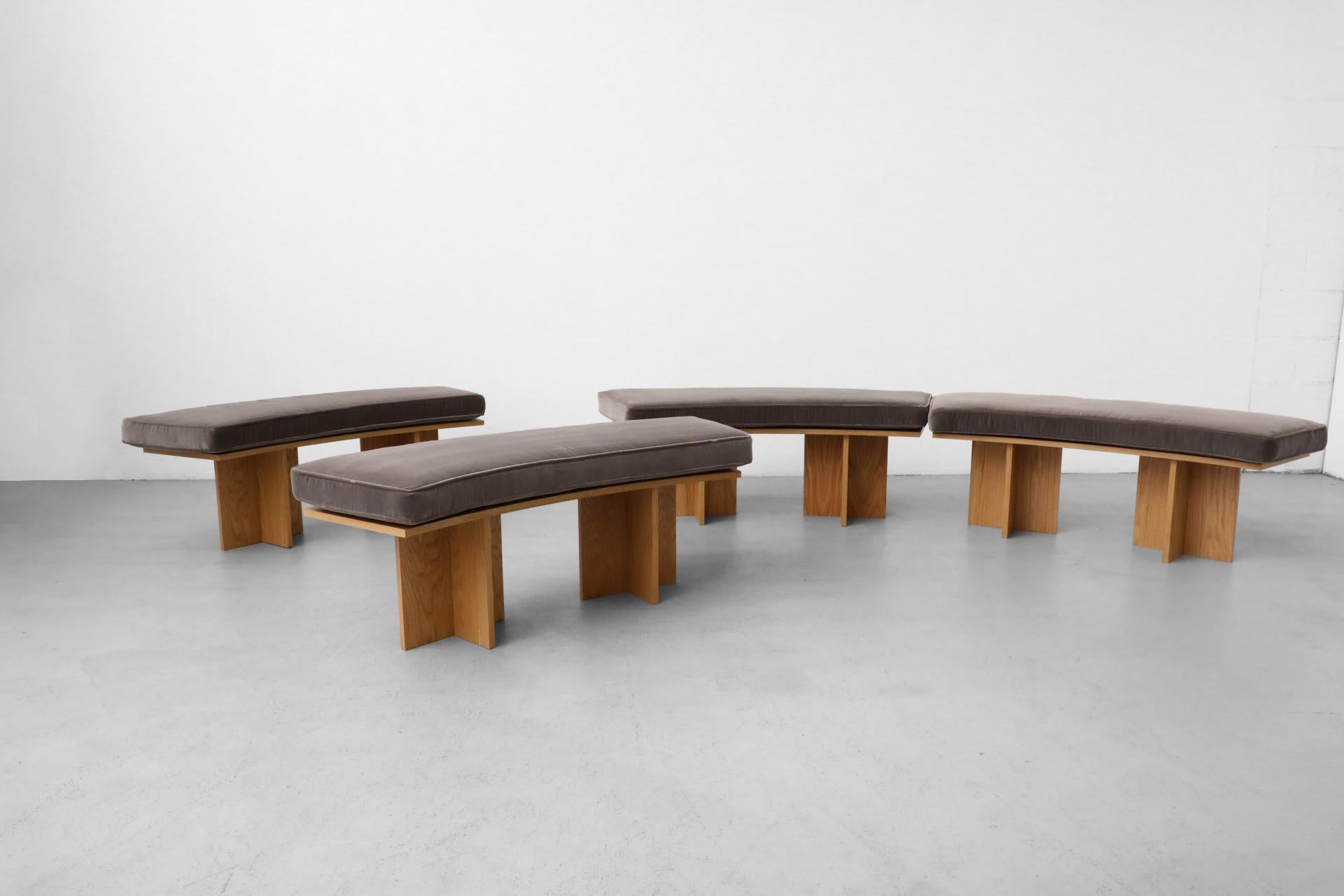 Mid-Century Modern Frank Lloyd Wright Inspired Curved Oak Benches w/ Velvet Cushions