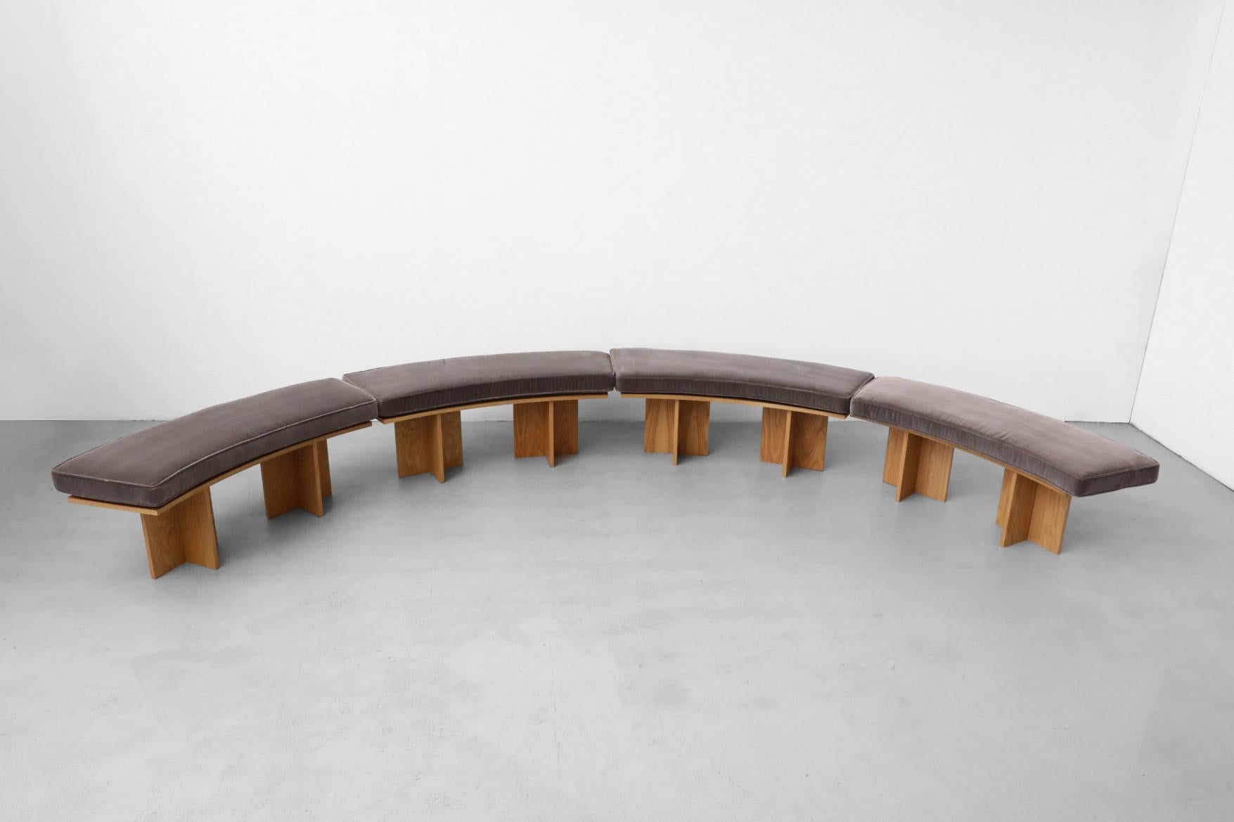 Frank Lloyd Wright Inspired Curved Oak Benches w/ Velvet Cushions In Good Condition In Los Angeles, CA
