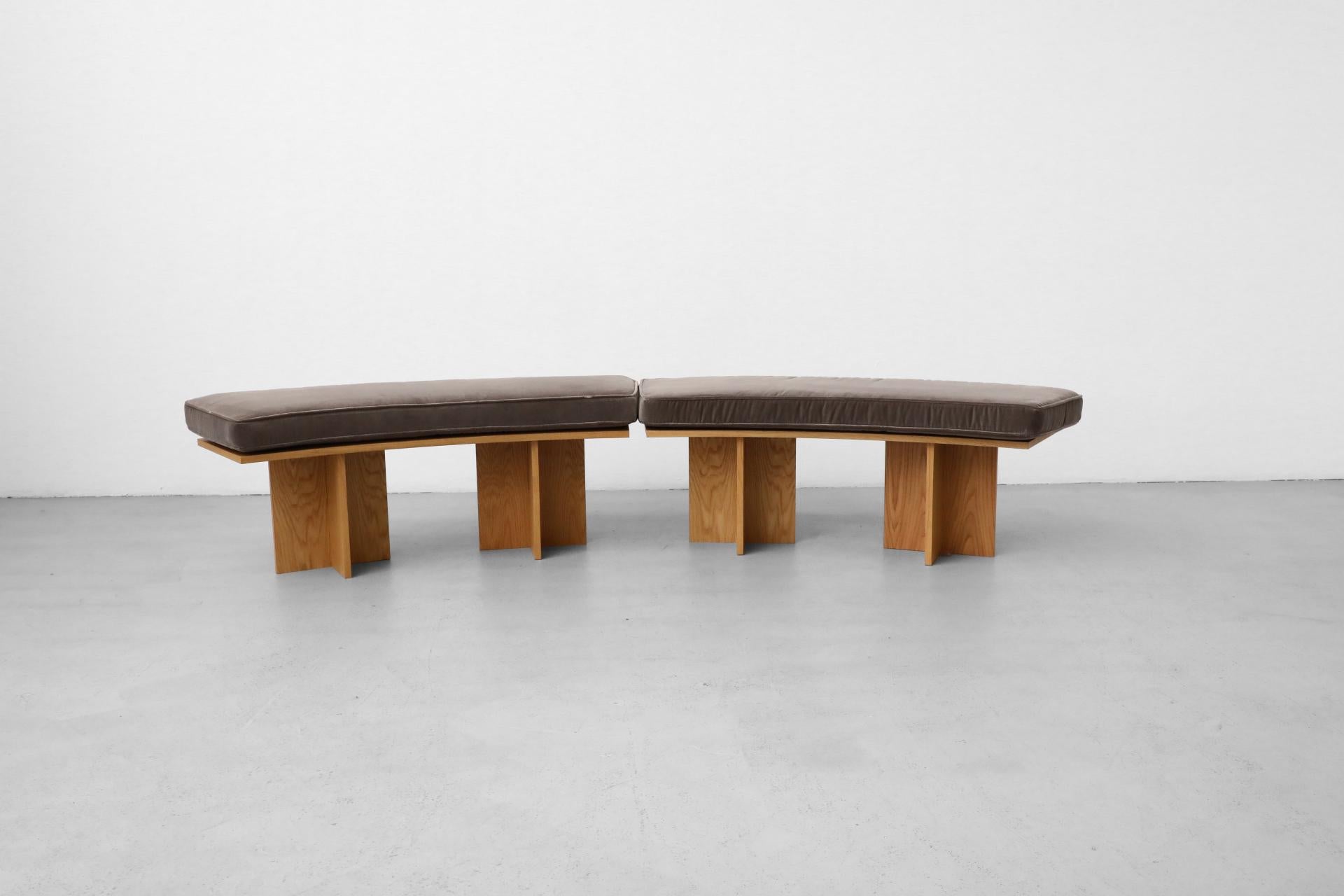 Contemporary Frank Lloyd Wright Inspired Curved Oak Benches w/ Velvet Cushions